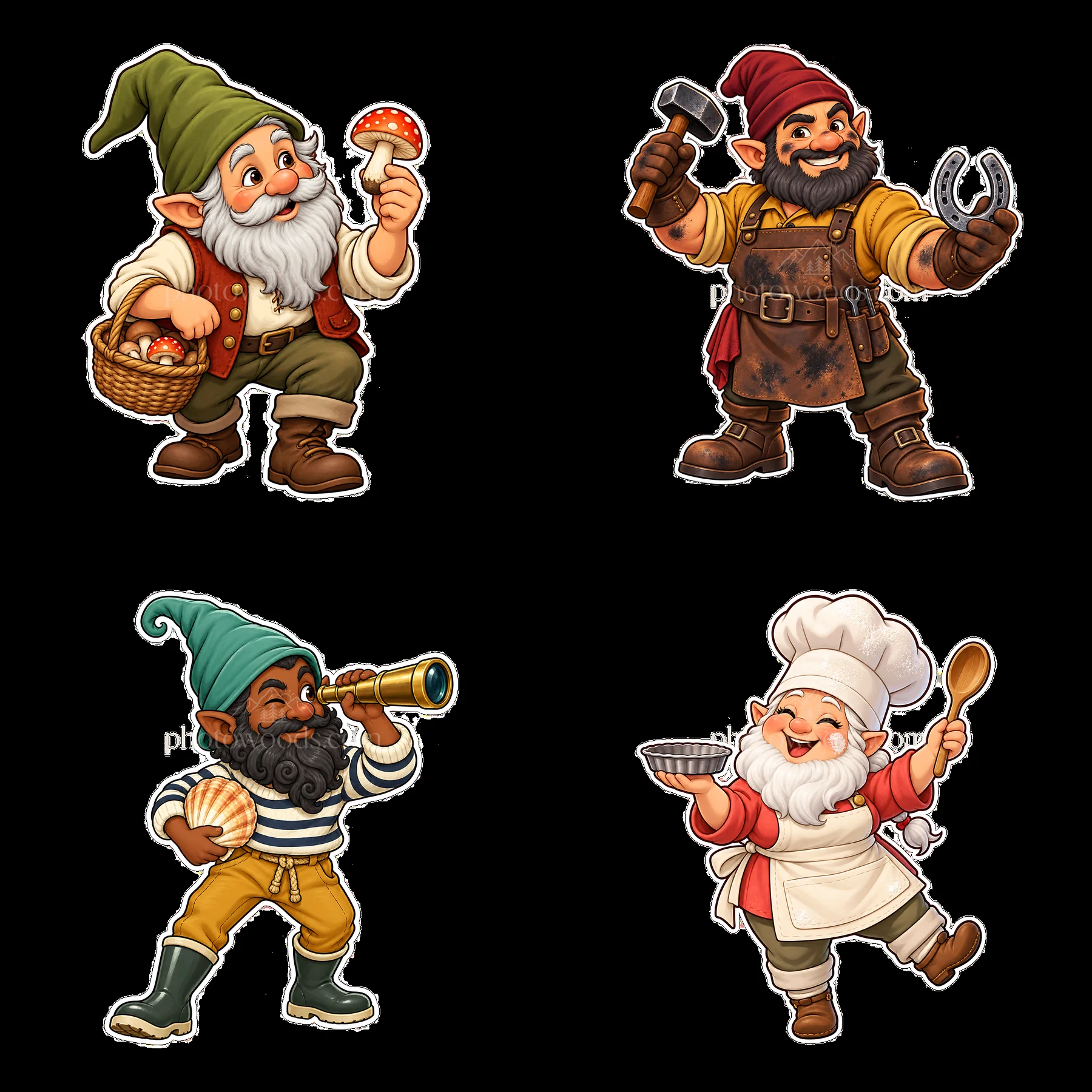 Four cheerful gnomes engaged in various activities in a square layout - AI-generated stock image