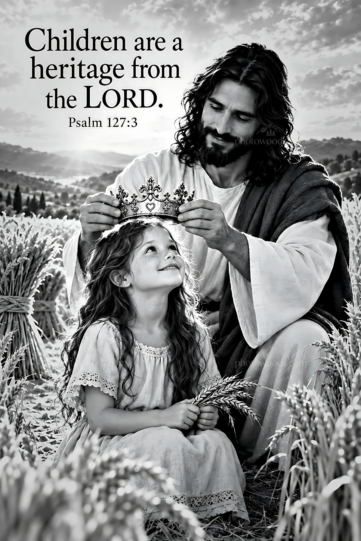 Father and child in wheat field wearing crown - AI-generated stock image