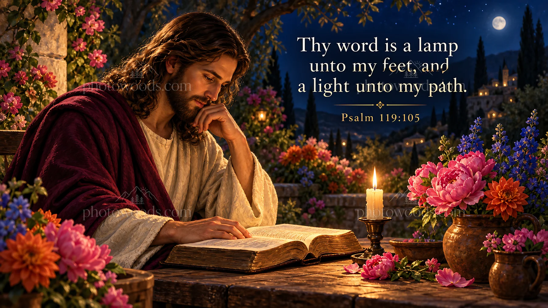 Jesus Christ studying scripture in a garden setting - AI-generated stock image