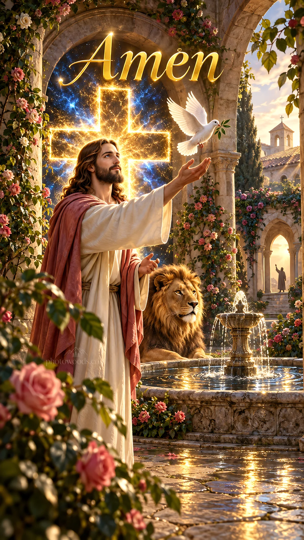 Jesus Christ sharing a dove in a garden setting - AI-generated stock image