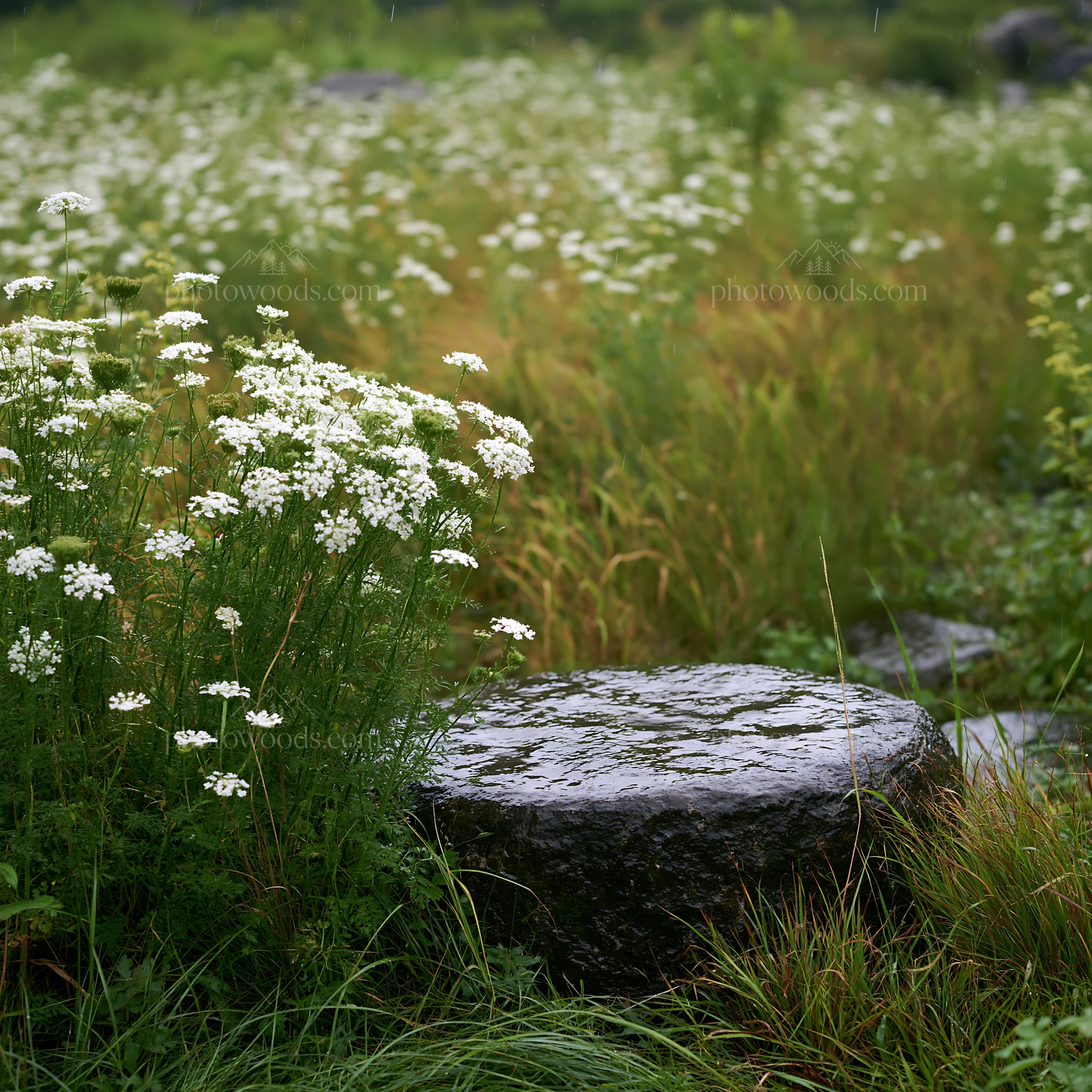 Hiroshima rainy meadow smooth rock foreground - AI-generated stock image