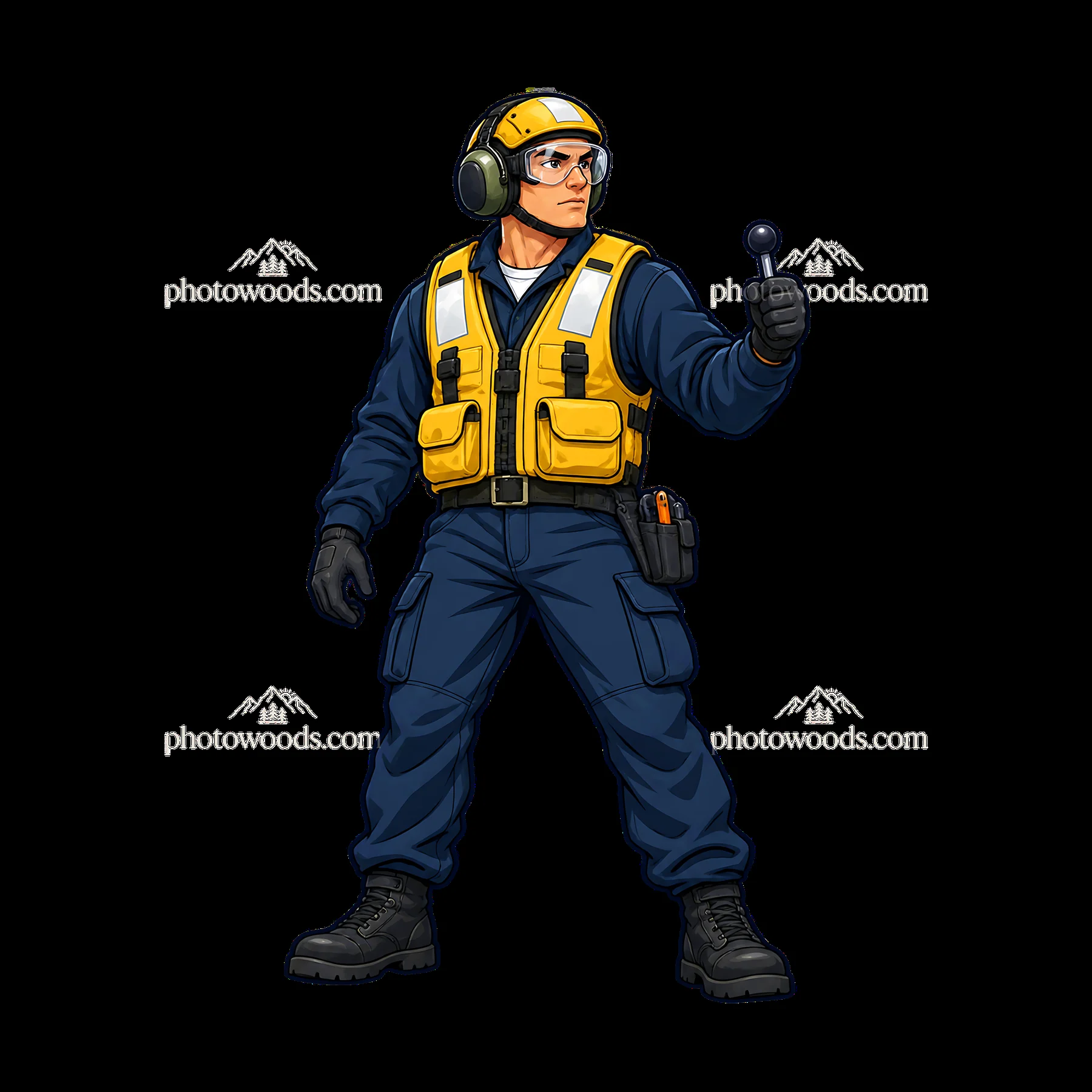 Aircraft carrier deck crew member signaling aircraft - AI-generated stock image
