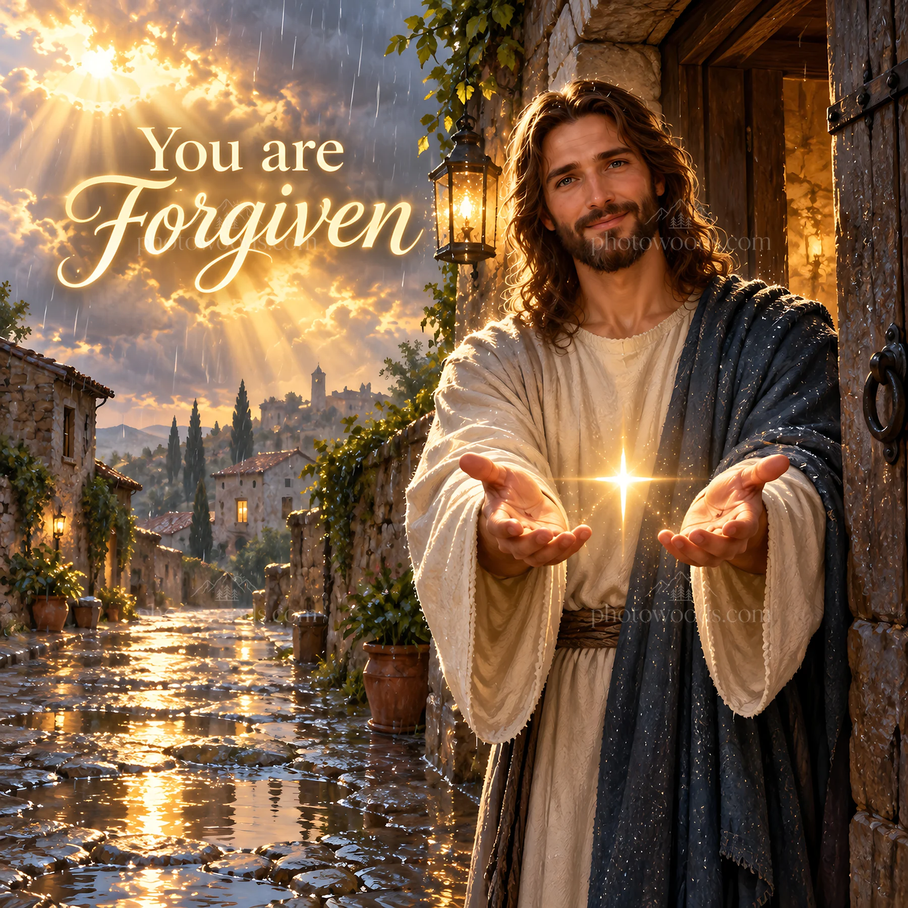 Jesus Christ offers forgiveness on a peaceful street - AI-generated stock image