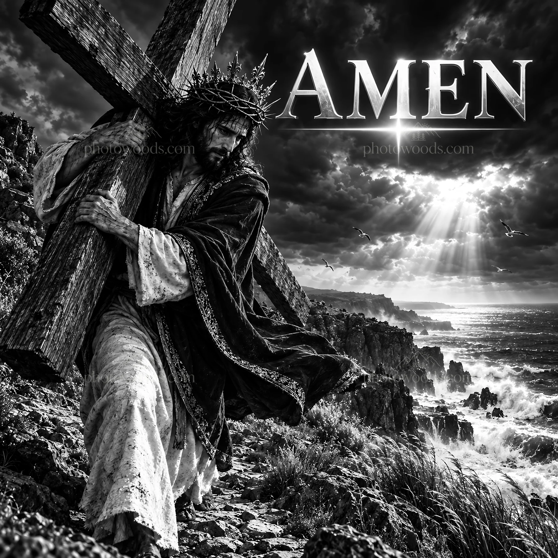 Jesus Christ carrying the cross along a rocky shore - AI-generated stock image