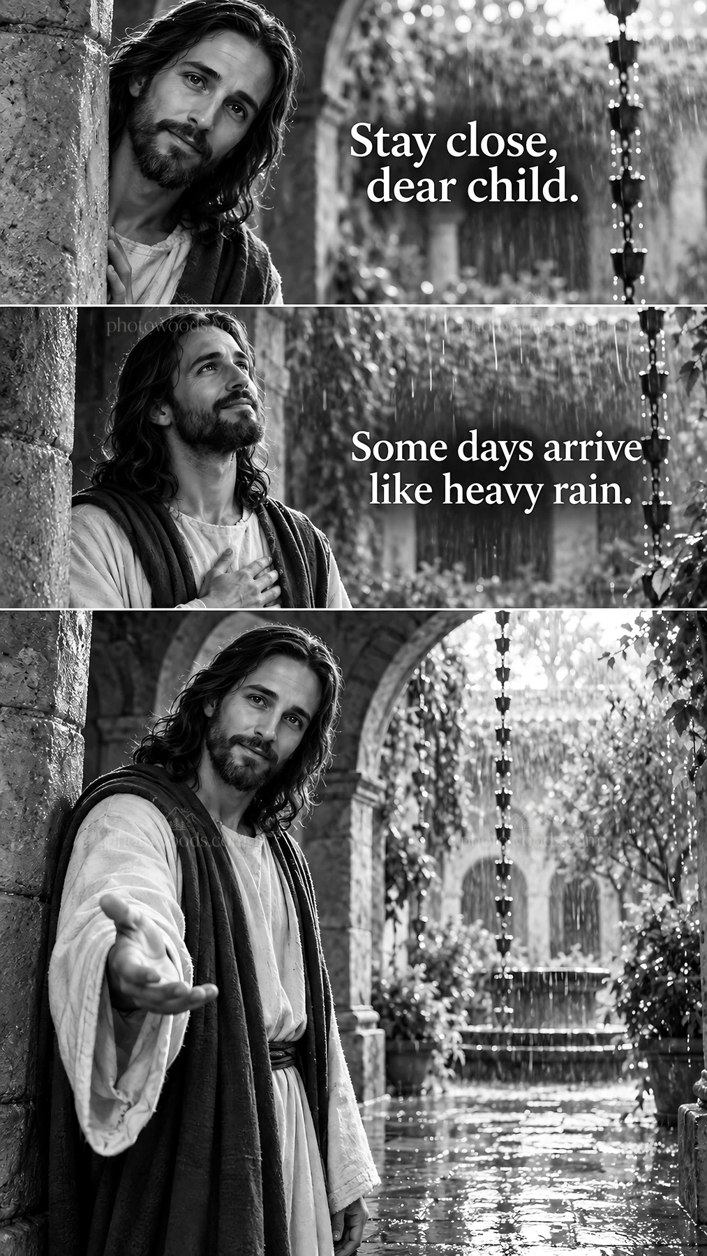 Jesus Christ offering comfort in the rain - AI-generated stock image