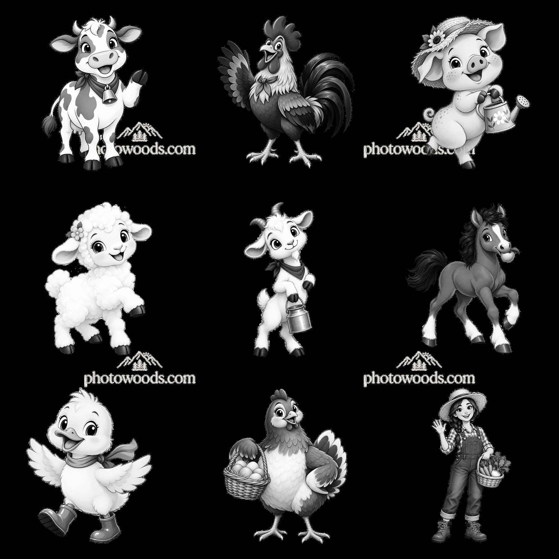 Farm animals and a farmer in monochrome cartoon illustration - AI-generated stock image