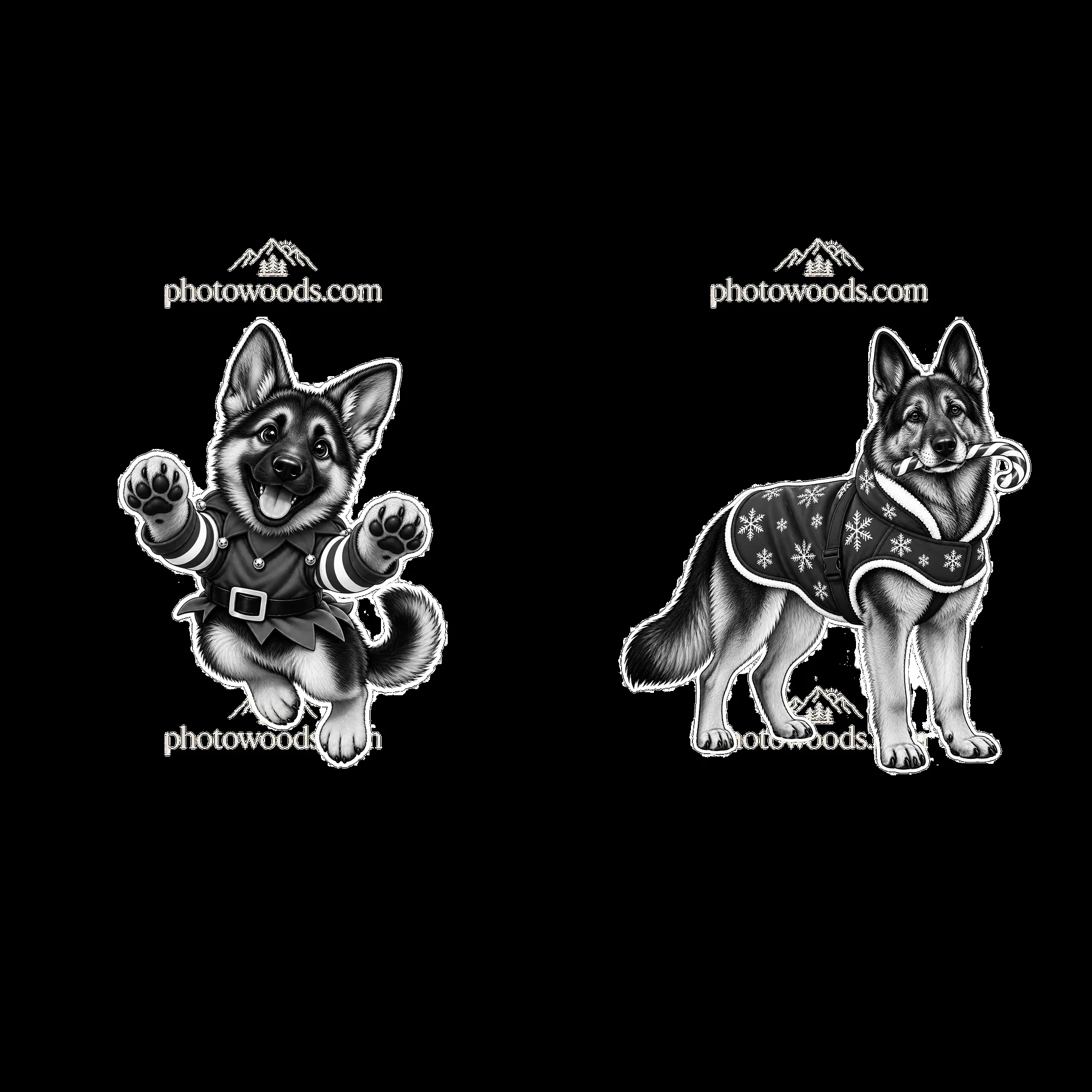 Christmas German Shepherds in festive clothing - AI-generated stock image