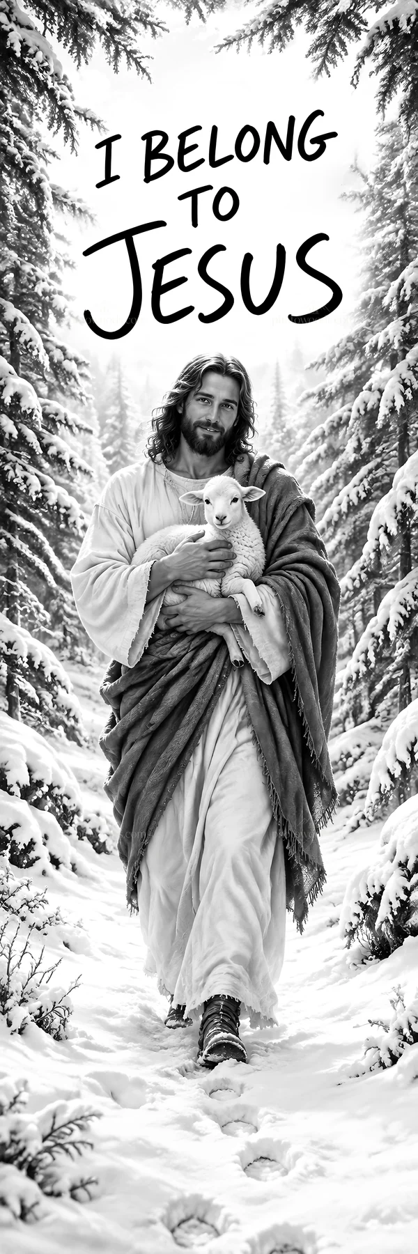 Jesus Christ walking in a forest carrying a lamb - AI-generated stock image
