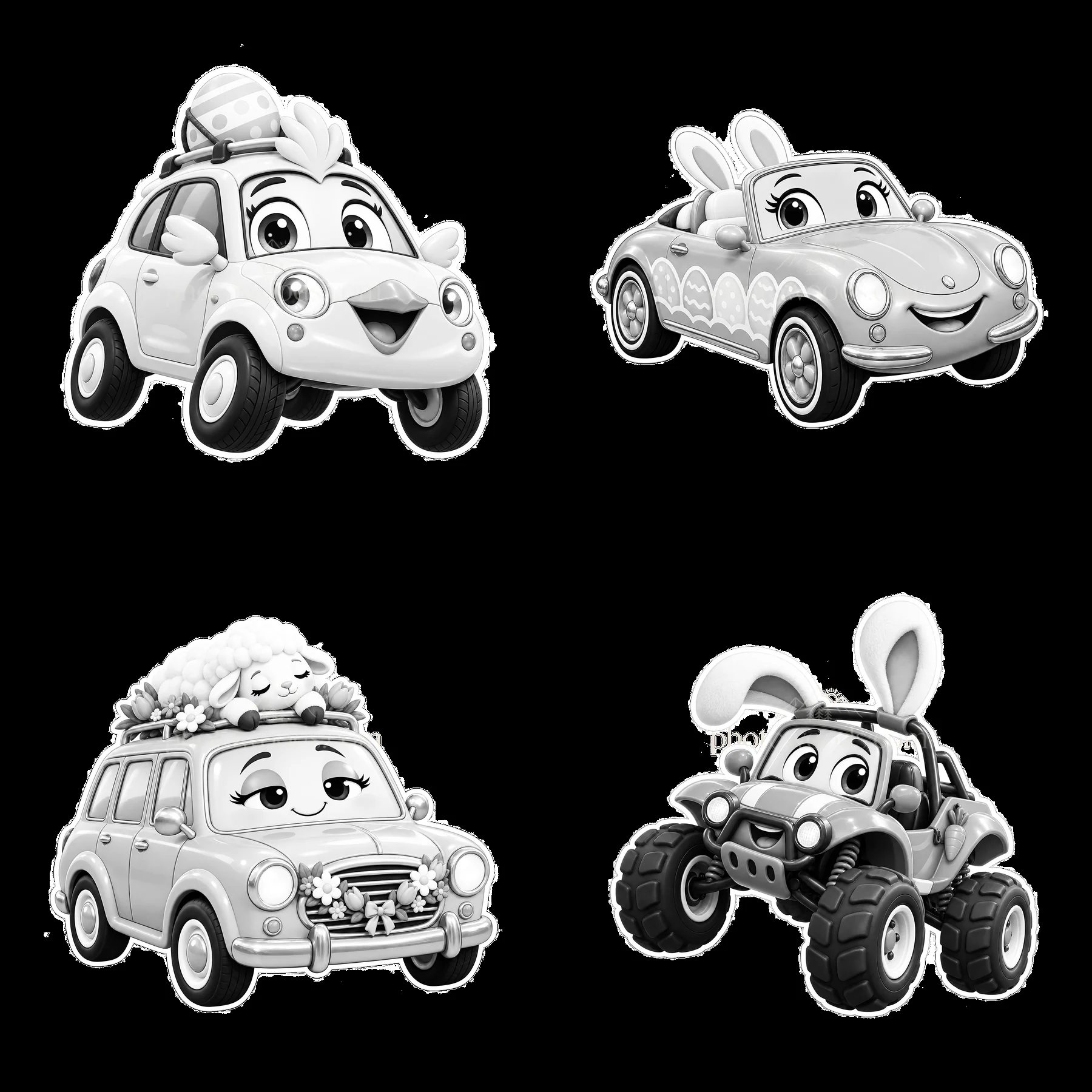 Cartoon Easter cars with bunny features and decorations - AI-generated stock image