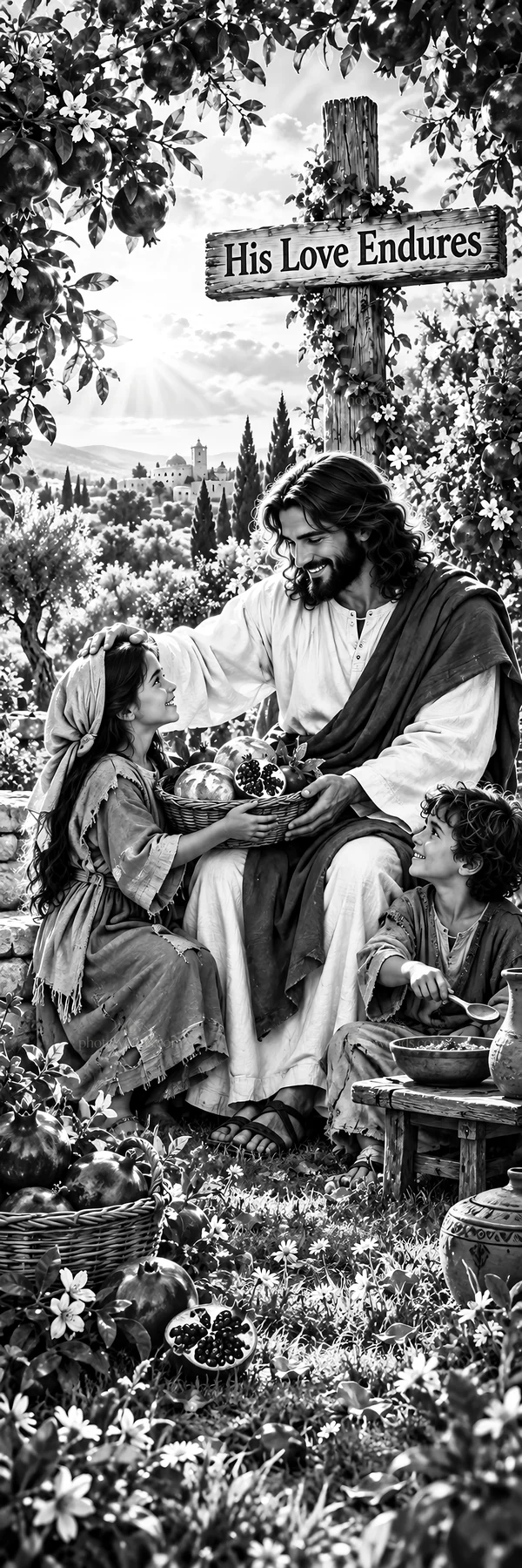 Jesus Christ comforting children in a garden setting - AI-generated stock image
