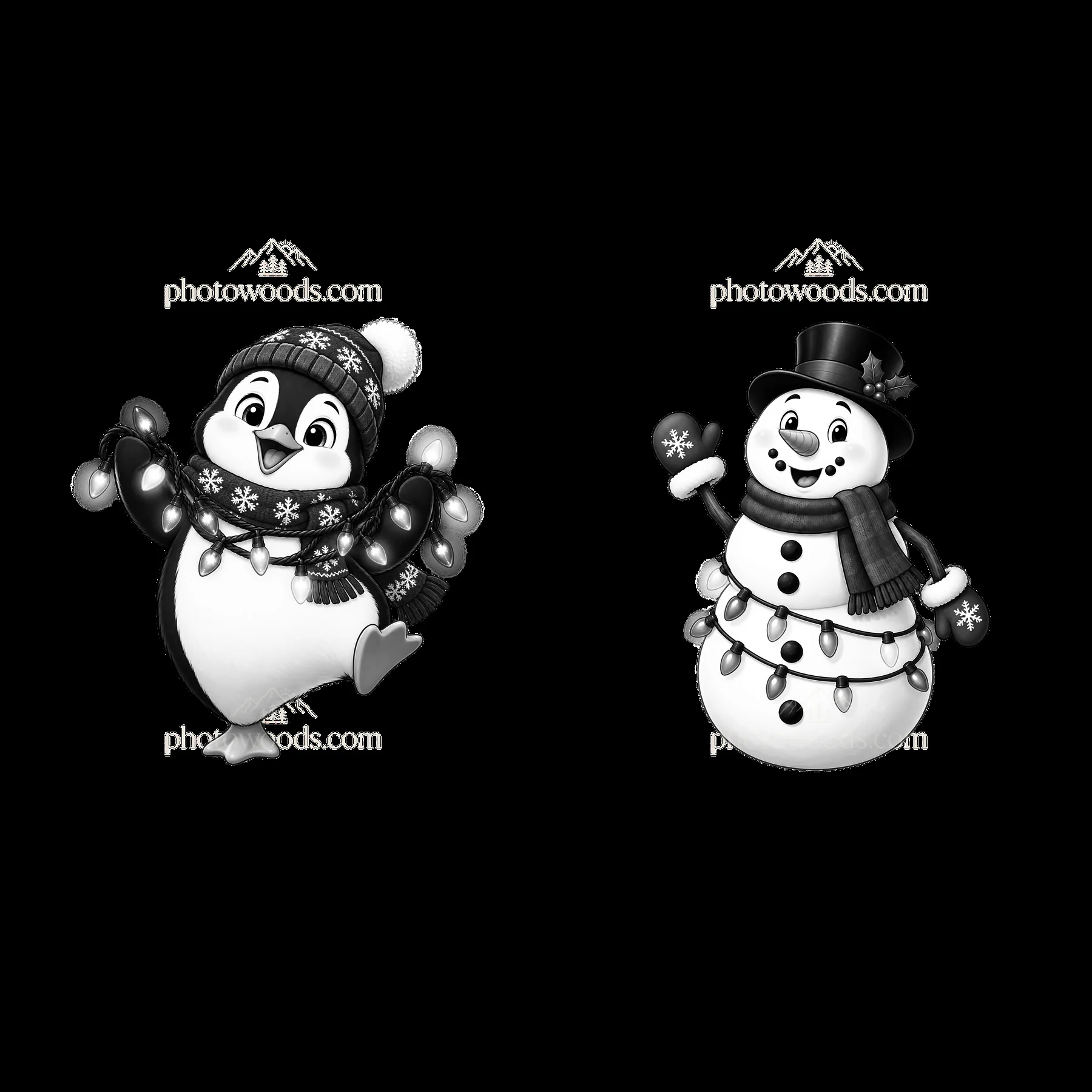 Penguin and snowman holding string lights in a festive pose - AI-generated stock image