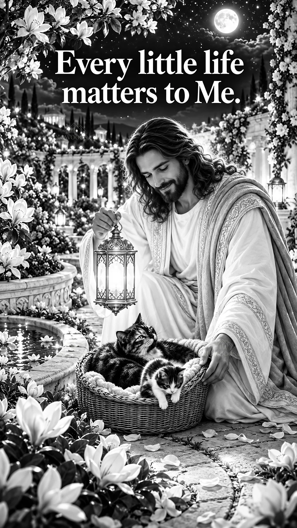 Jesus Christ cares for animals in a garden scene - AI-generated stock image