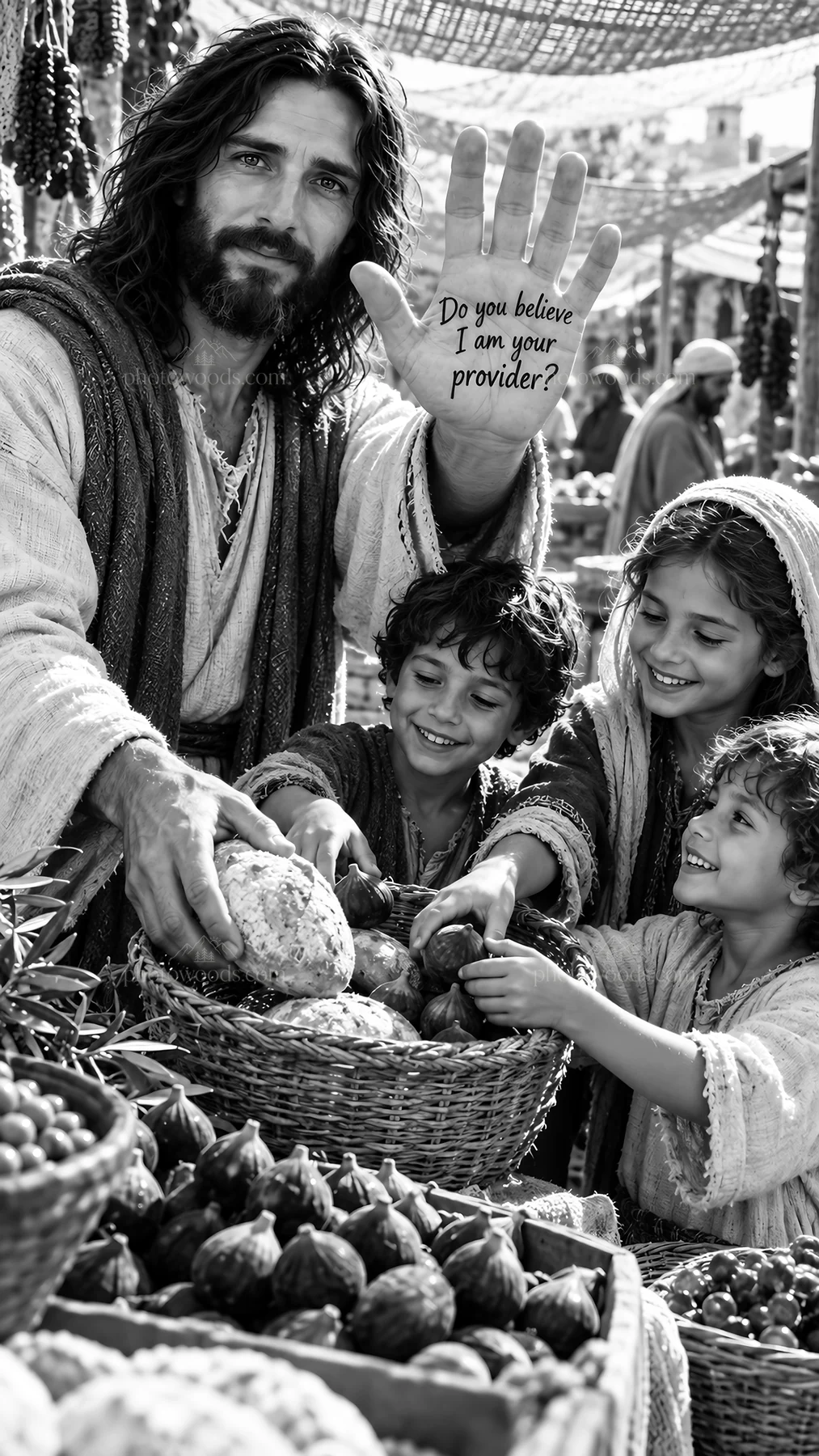 Jesus Christ shares food with children in a marketplace scene - AI-generated stock image