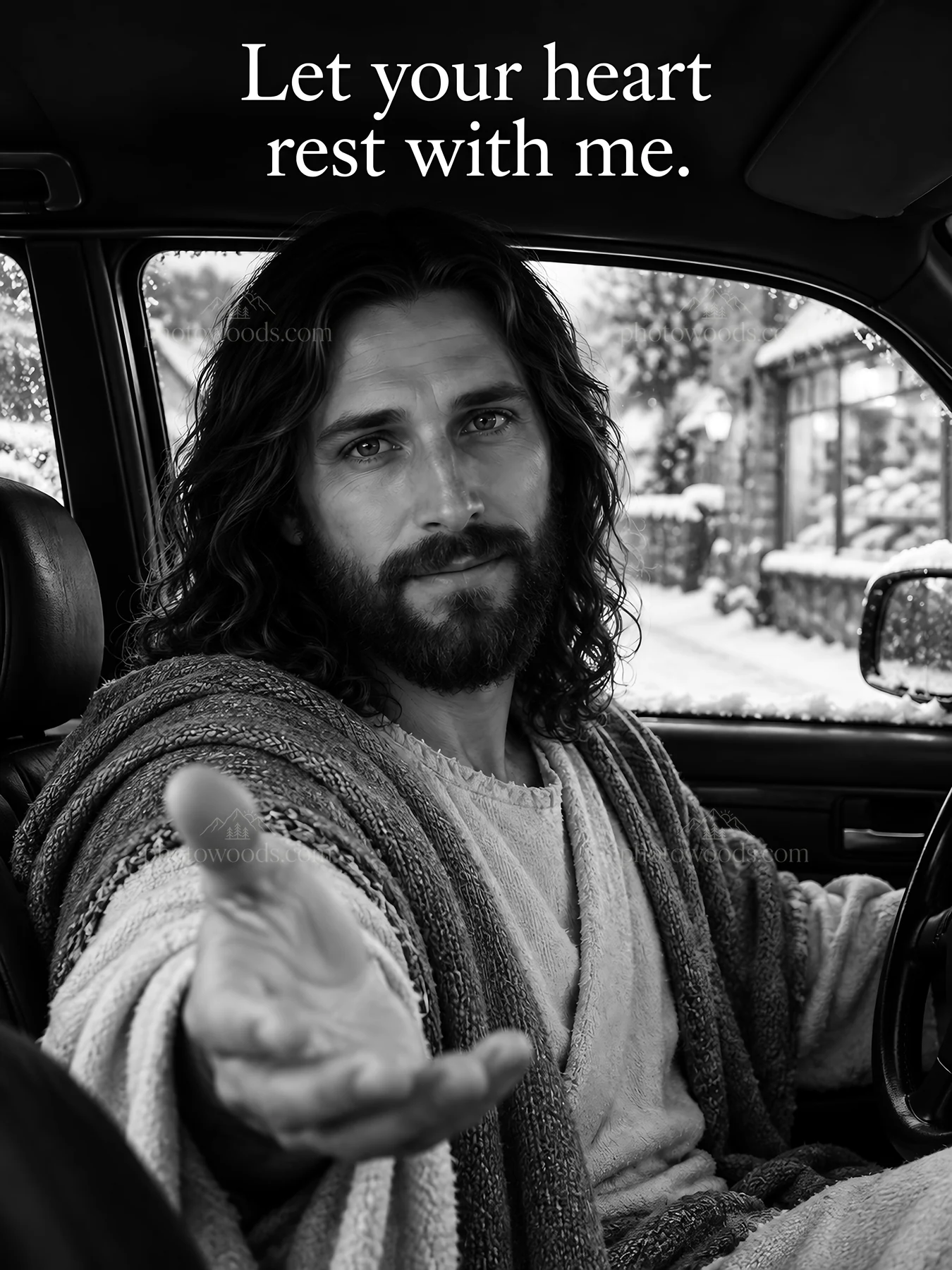 Jesus Christ offering comfort in a car during winter - AI-generated stock image
