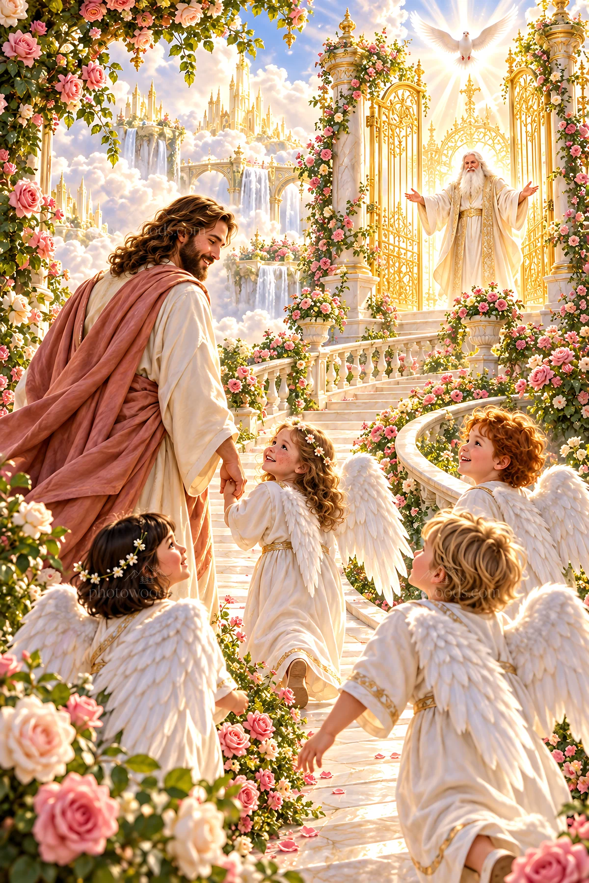 Jesus Christ guiding children in a heavenly garden - AI-generated stock image