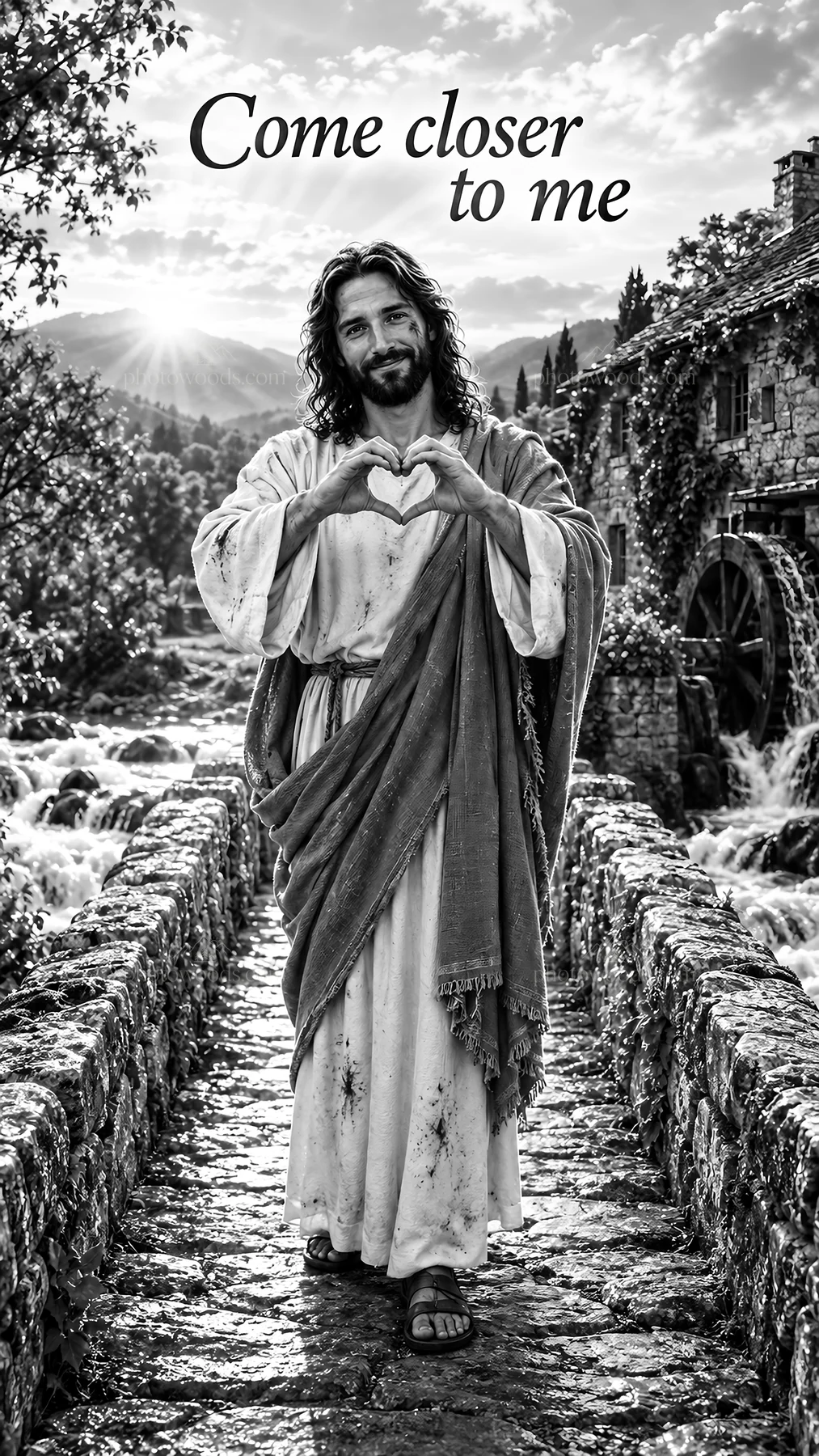 Jesus Christ welcomes with love in a serene countryside setting - AI-generated stock image