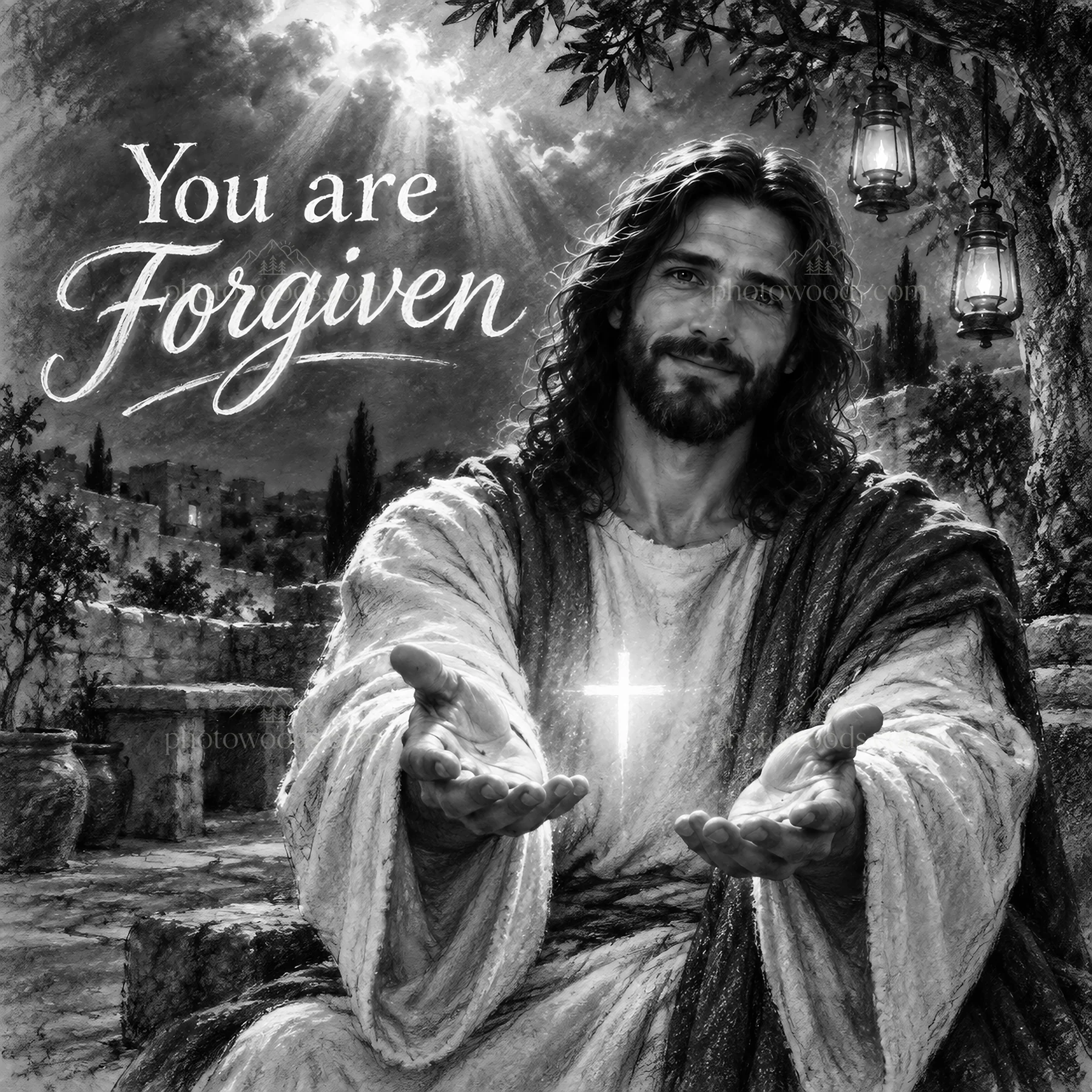 Jesus Christ offers forgiveness with open hands - AI-generated stock image