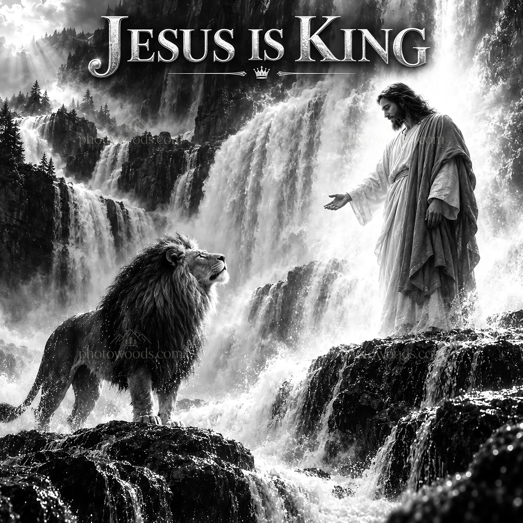 Jesus Christ meets a lion in a waterfall setting - AI-generated stock image