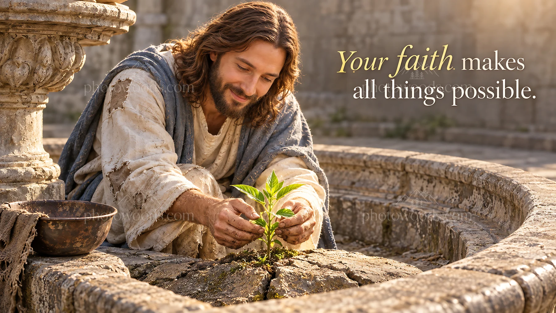 Jesus Christ planting a seed in a garden - AI-generated stock image