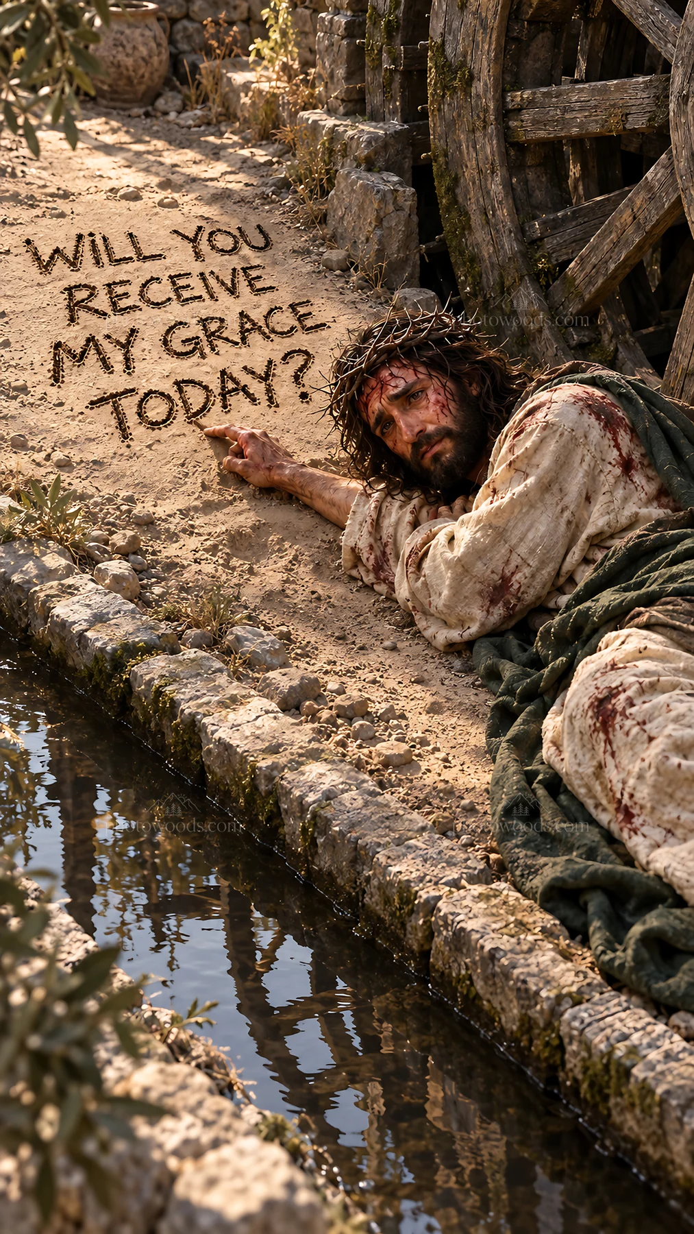 Jesus Christ resting by the water with a message of grace - AI-generated stock image