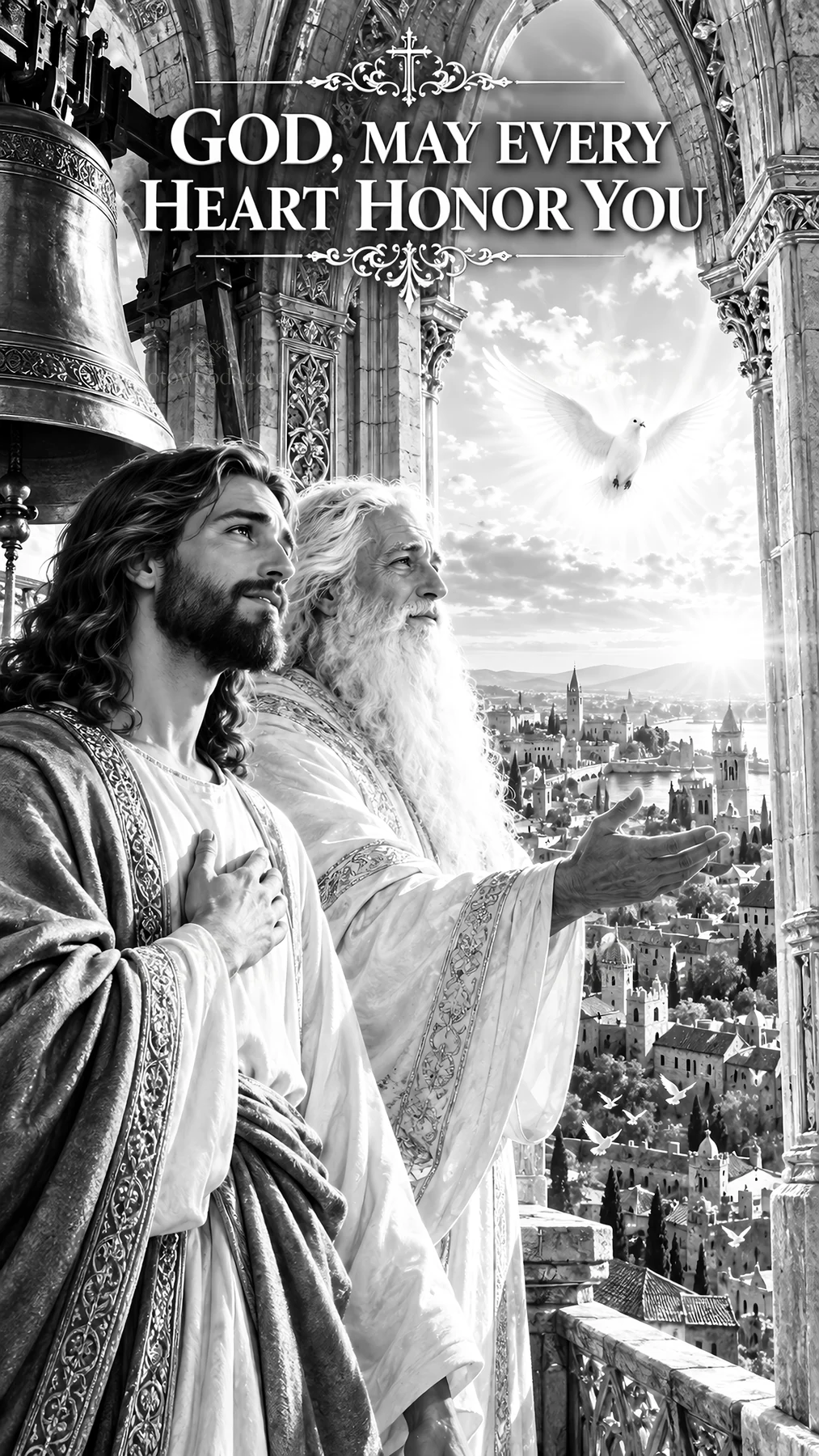 Jesus Christ and God blessing the city from above - AI-generated stock image