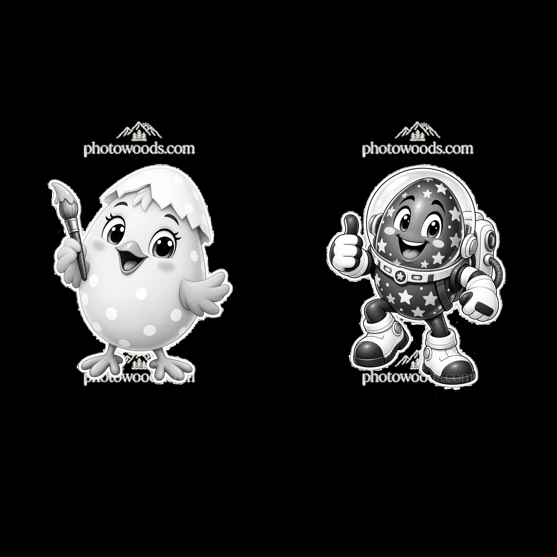 Monochrome two isolated cartoon figure stickers - AI-generated stock image