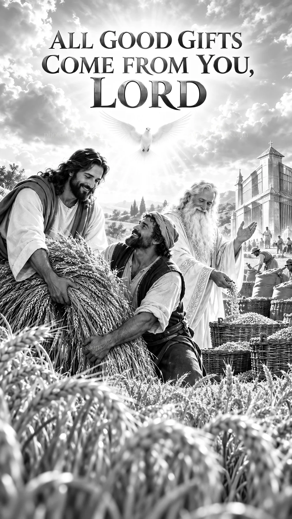 Jesus Christ sharing blessings with workers in the field - AI-generated stock image