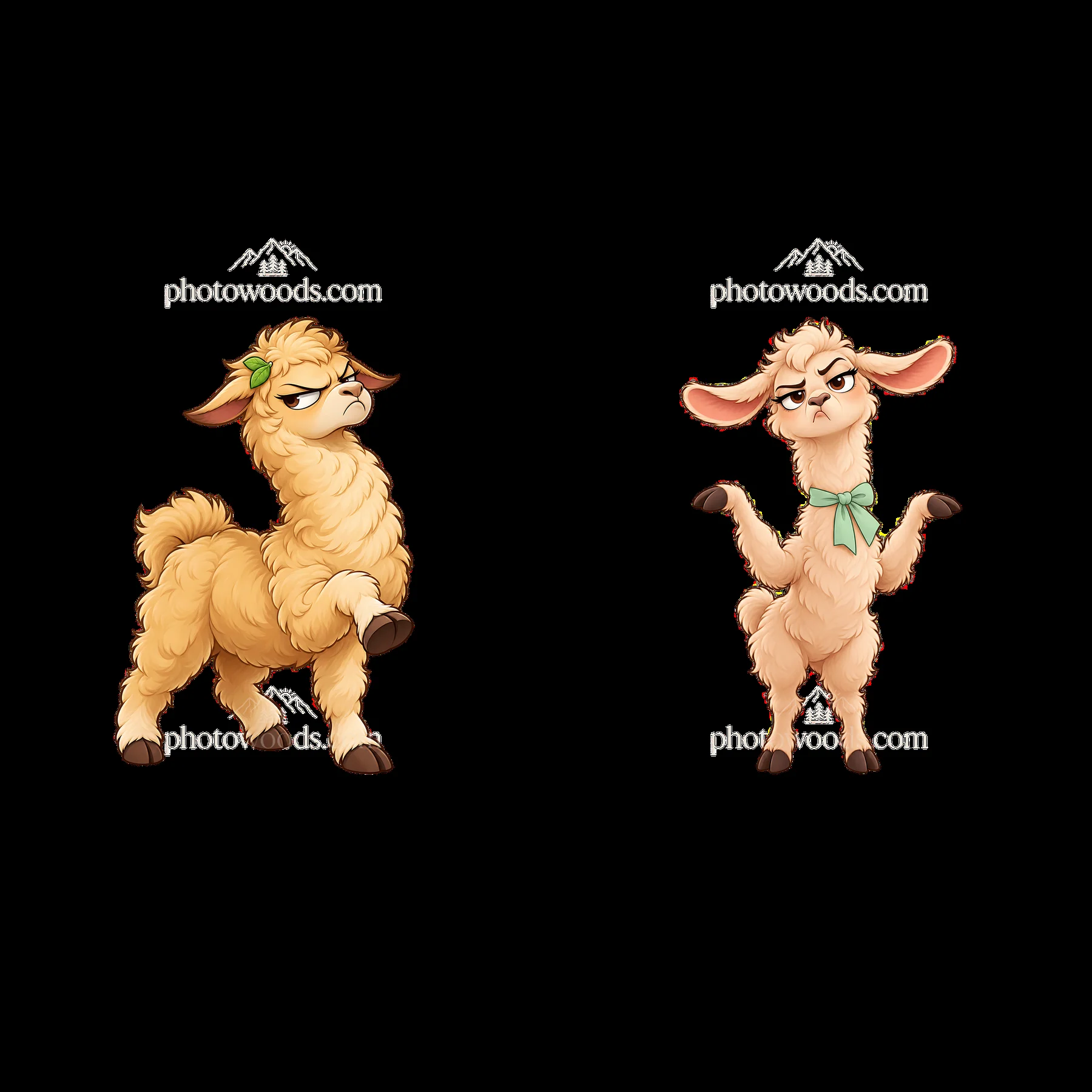 Grumpy llamas showing attitude with unique poses and expressions - AI-generated stock image