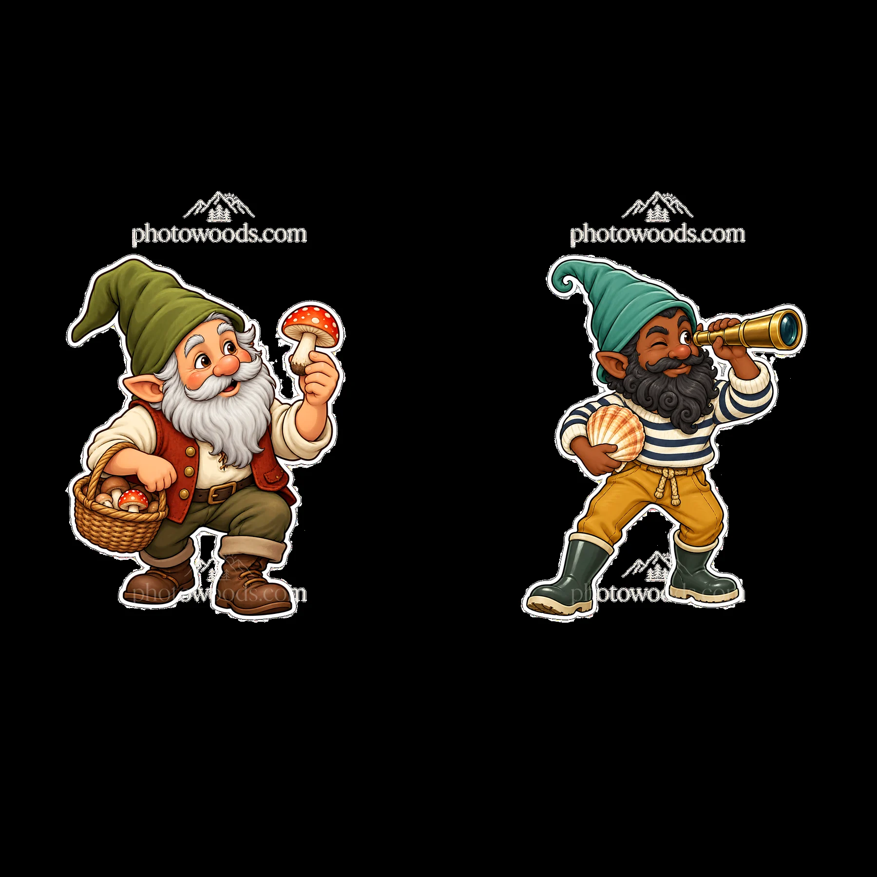Gnome with basket of mushrooms and gnome with telescope - AI-generated stock image
