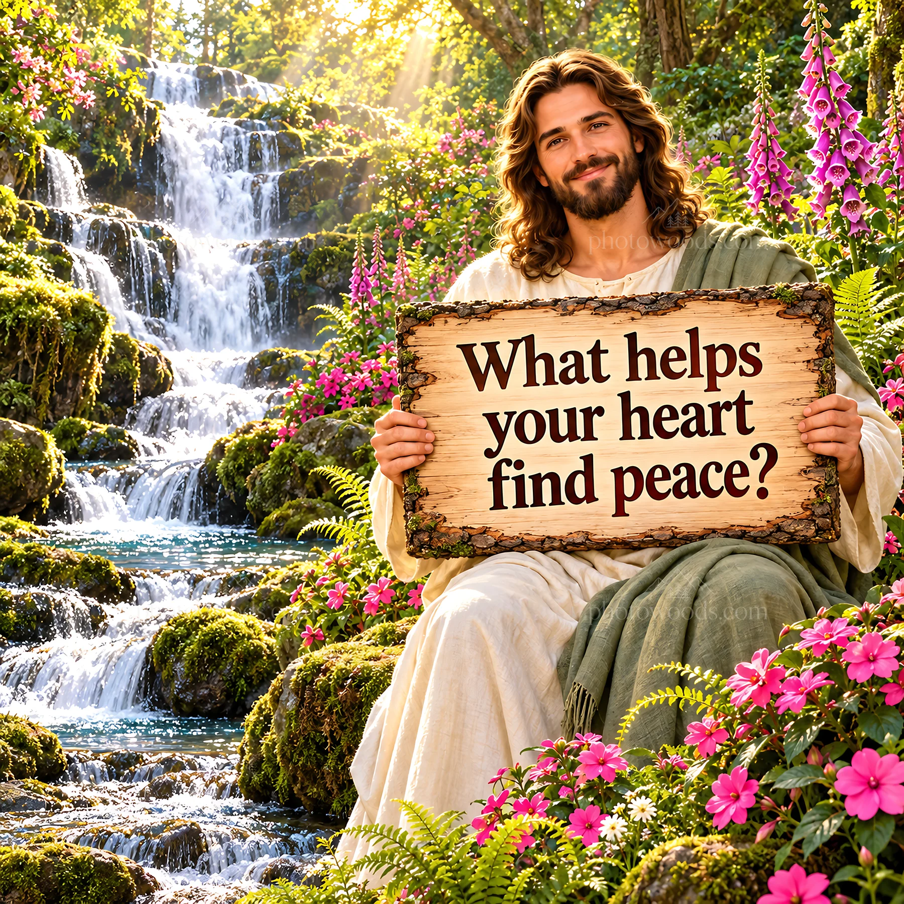 Jesus Christ holding a sign asking about finding peace - AI-generated stock image