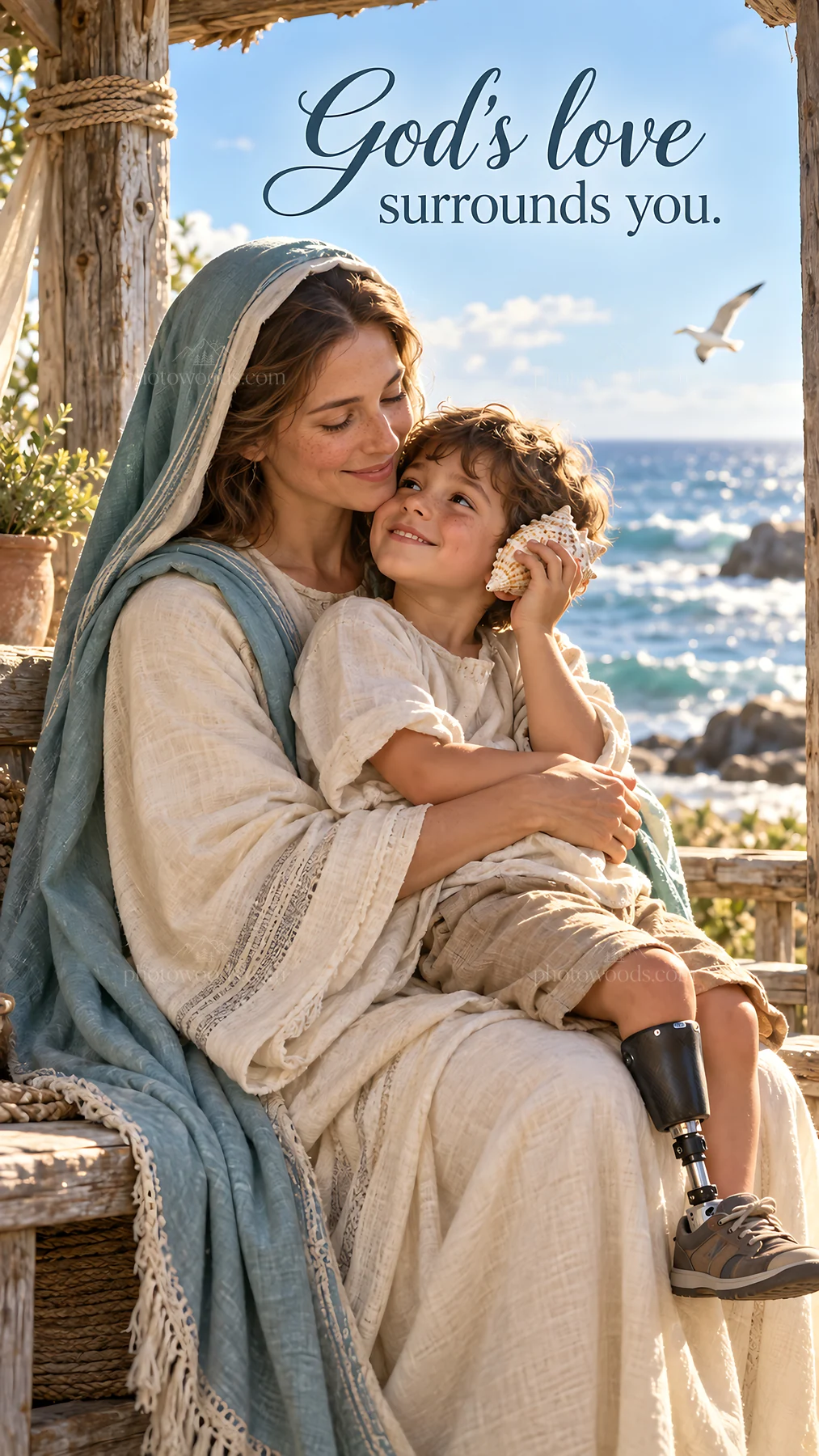 Jesus Christ showing love to a child by the sea - AI-generated stock image