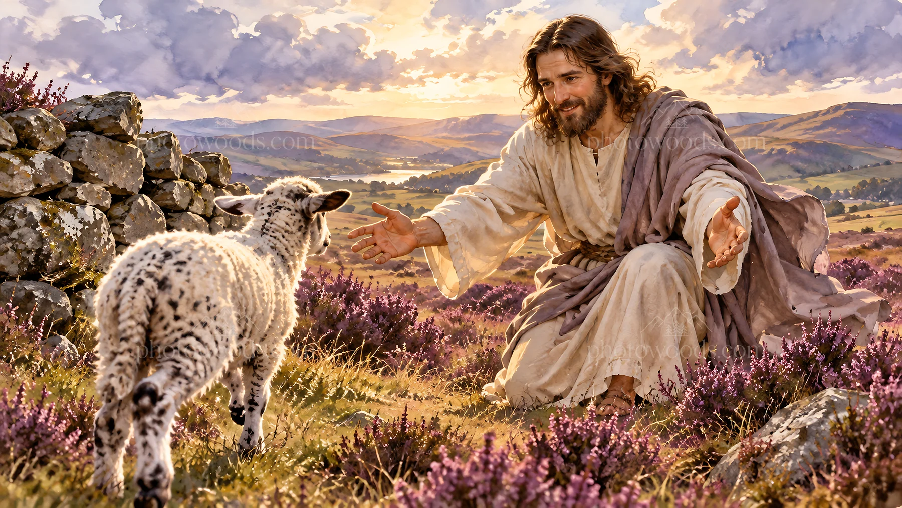 Jesus Christ extends love to a lamb in a peaceful landscape - AI-generated stock image