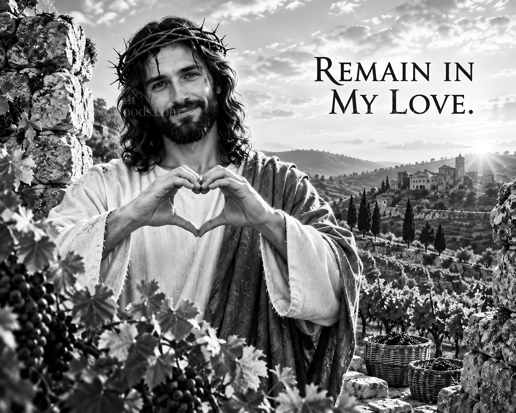 Jesus Christ showing love in a vineyard - AI-generated stock image