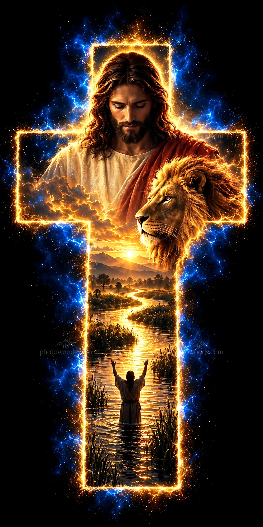 Jesus Christ with lion and worshipper in a vibrant scene - AI-generated stock image