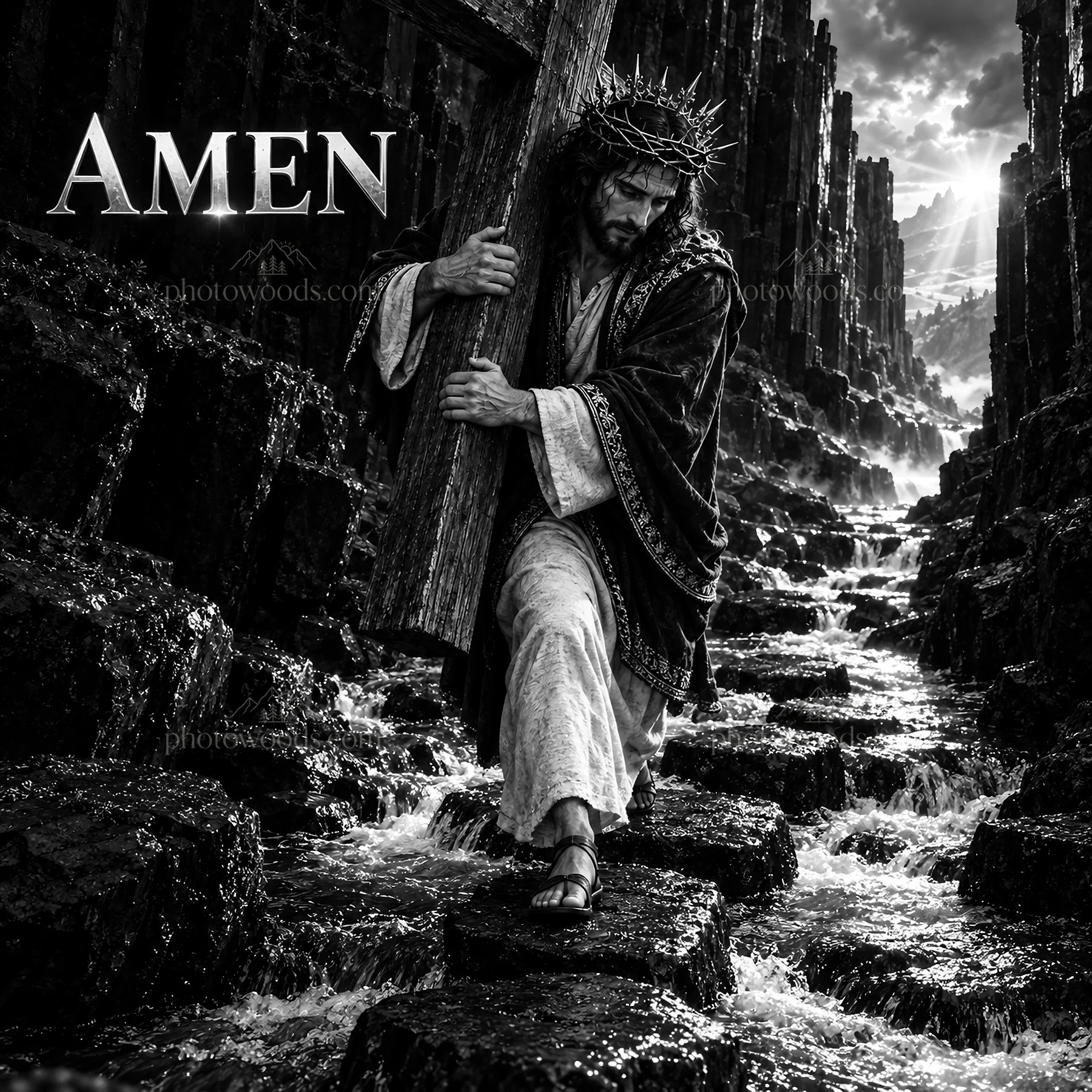 Jesus Christ carrying the cross through a rocky landscape - AI-generated stock image