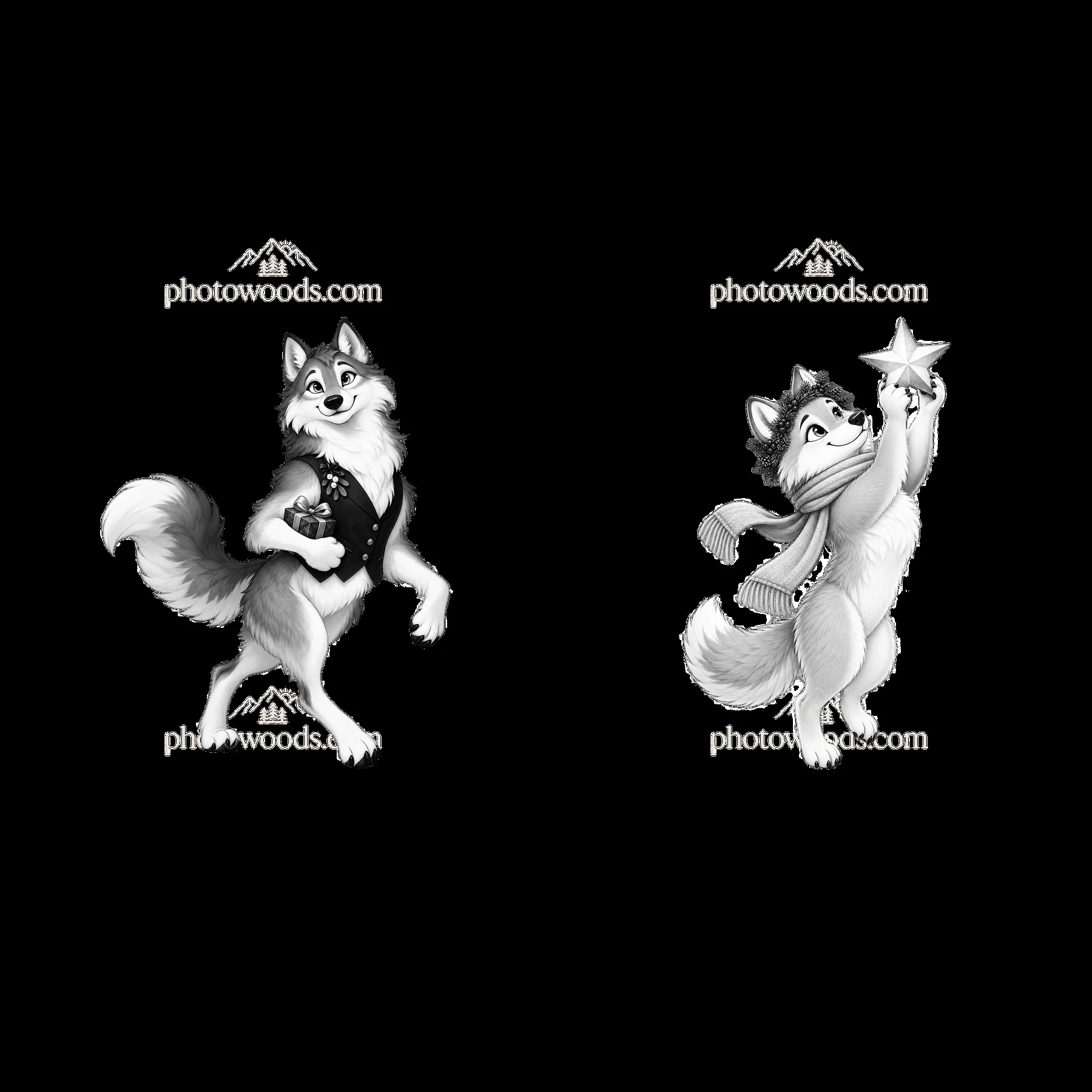 Two cartoon wolves celebrating Christmas with decorations - AI-generated stock image