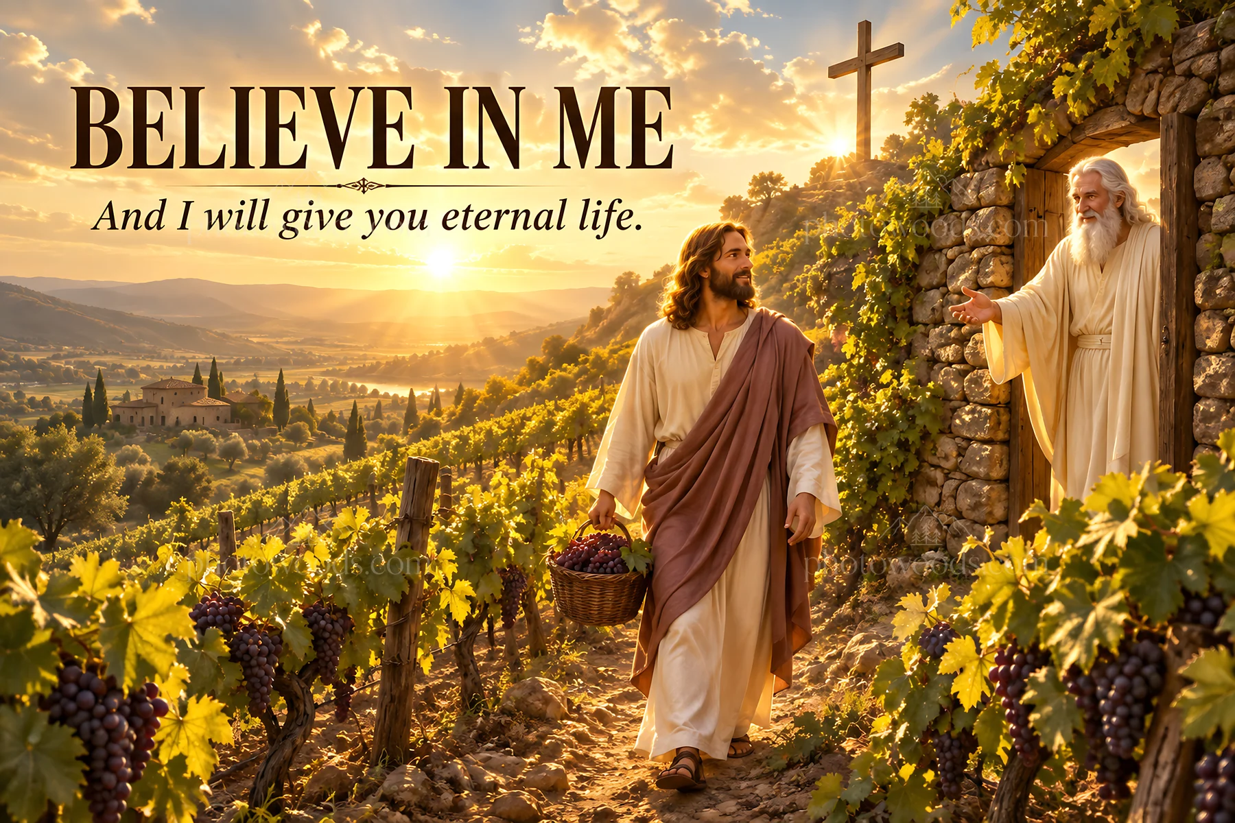 Jesus Christ walking through a vineyard with a basket of grapes - AI-generated stock image