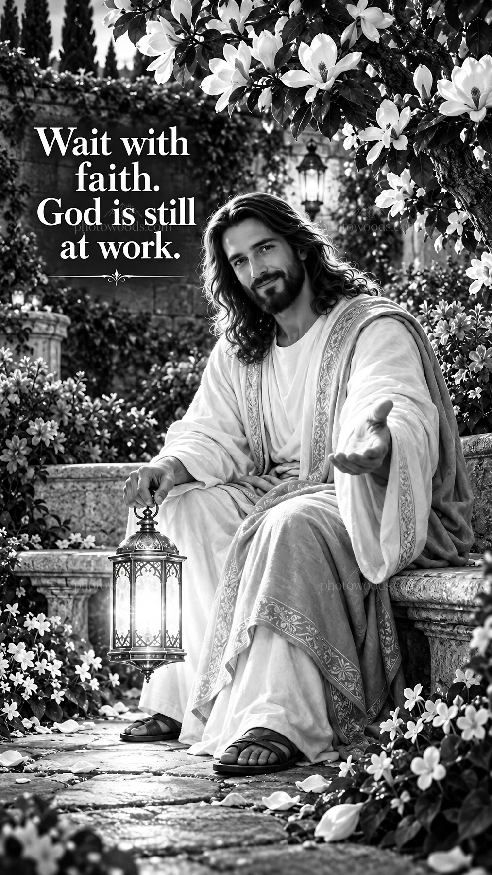 Jesus Christ offering comfort and hope in a garden - AI-generated stock image
