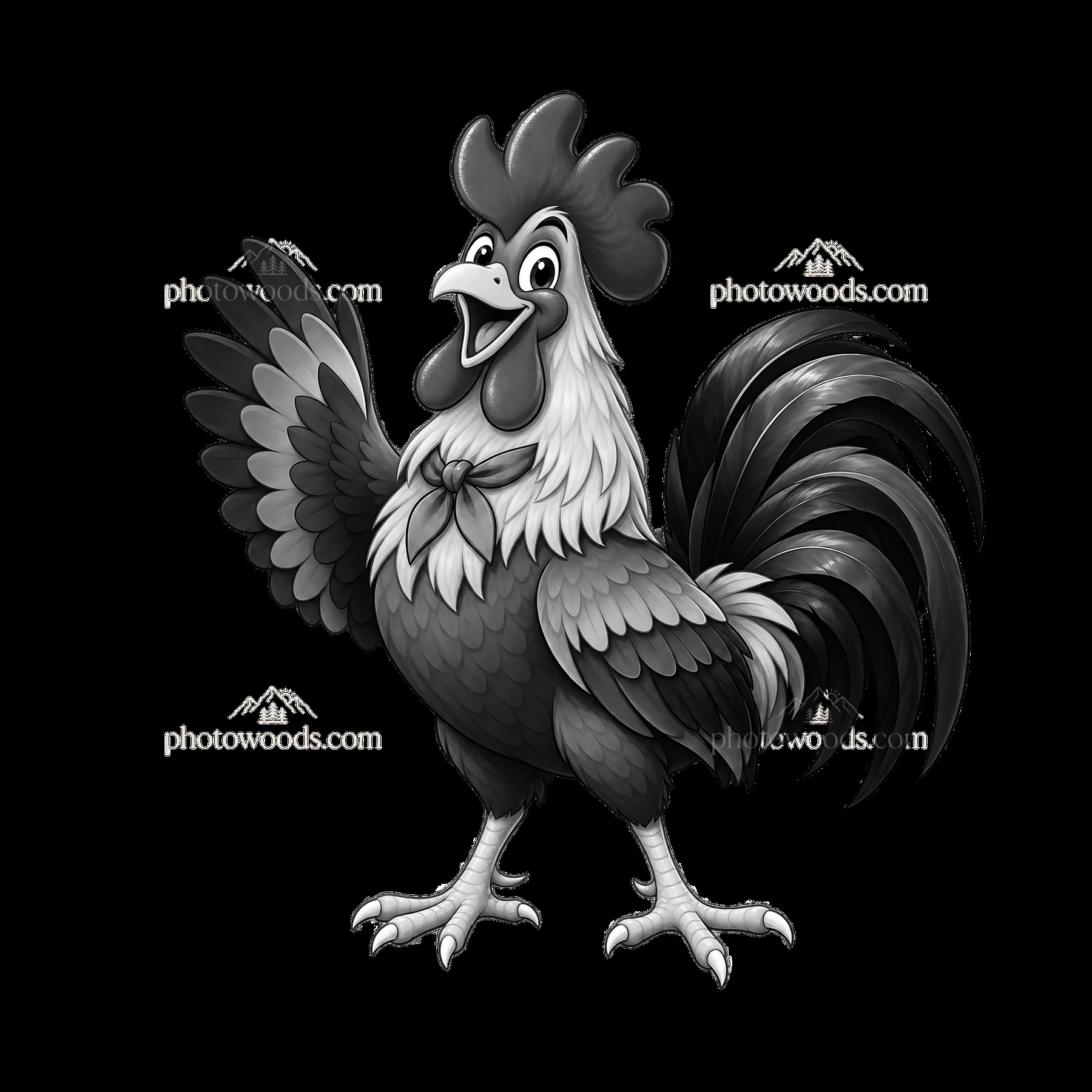 Cheerful rooster waving with outstretched wings in farm setting - AI-generated stock image