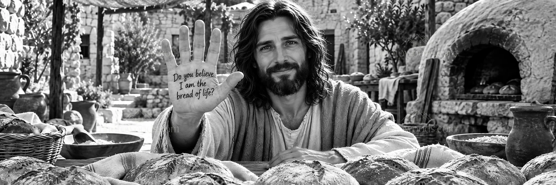 Jesus Christ sharing bread with a message of faith - AI-generated stock image