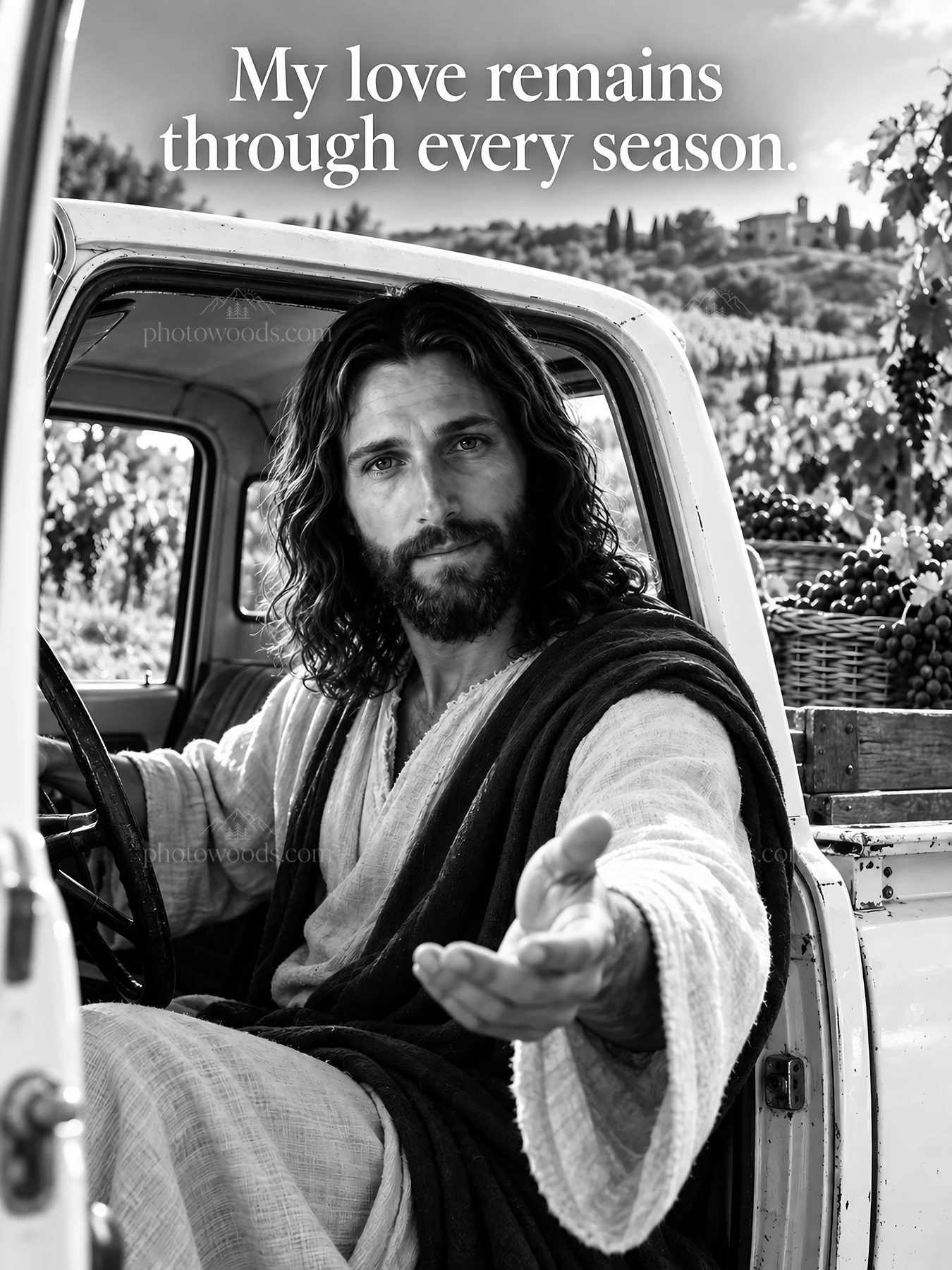 Jesus Christ offering love in a vineyard setting - AI-generated stock image