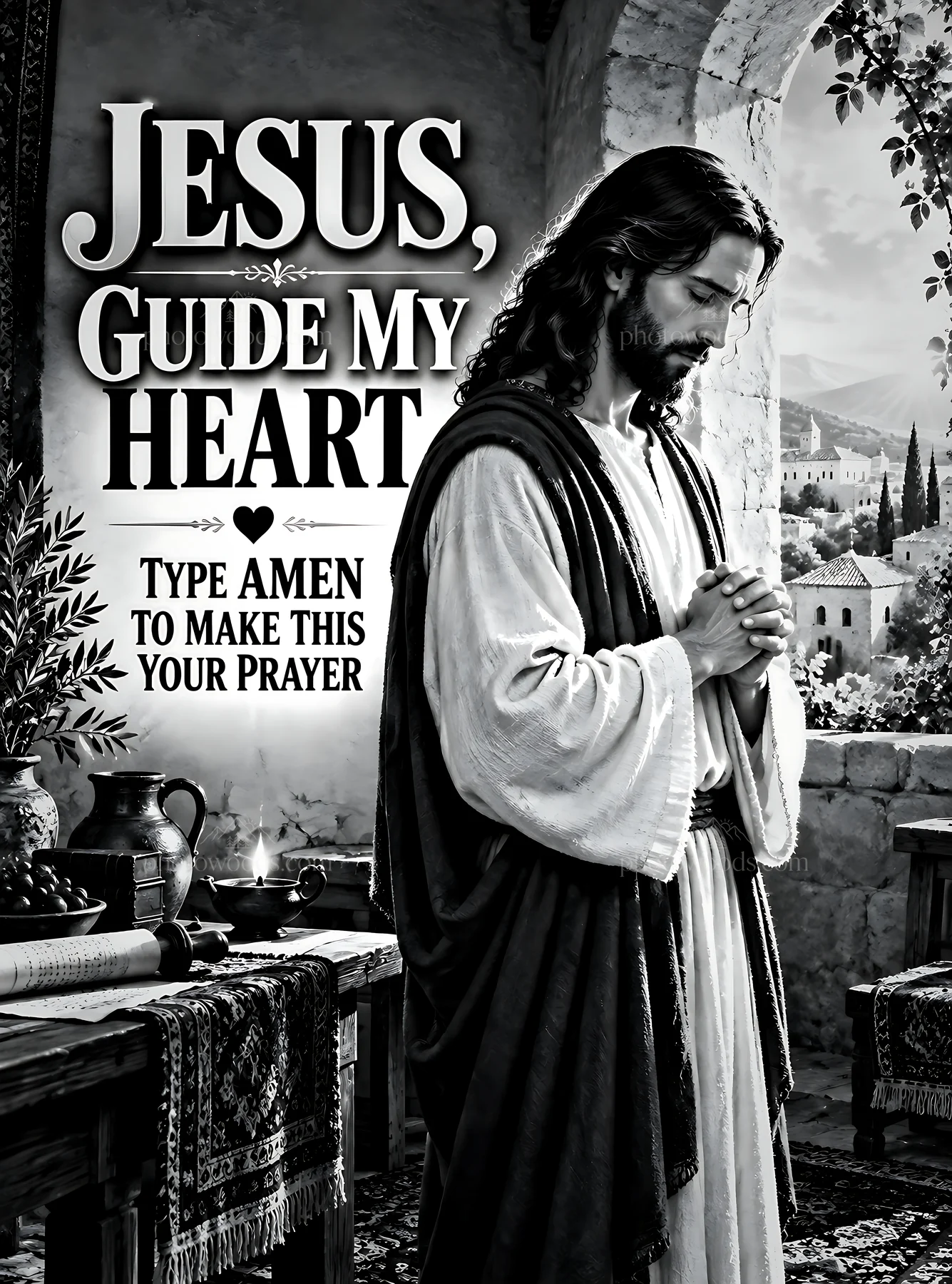 Jesus guides a man in prayer in a quiet room - AI-generated stock image