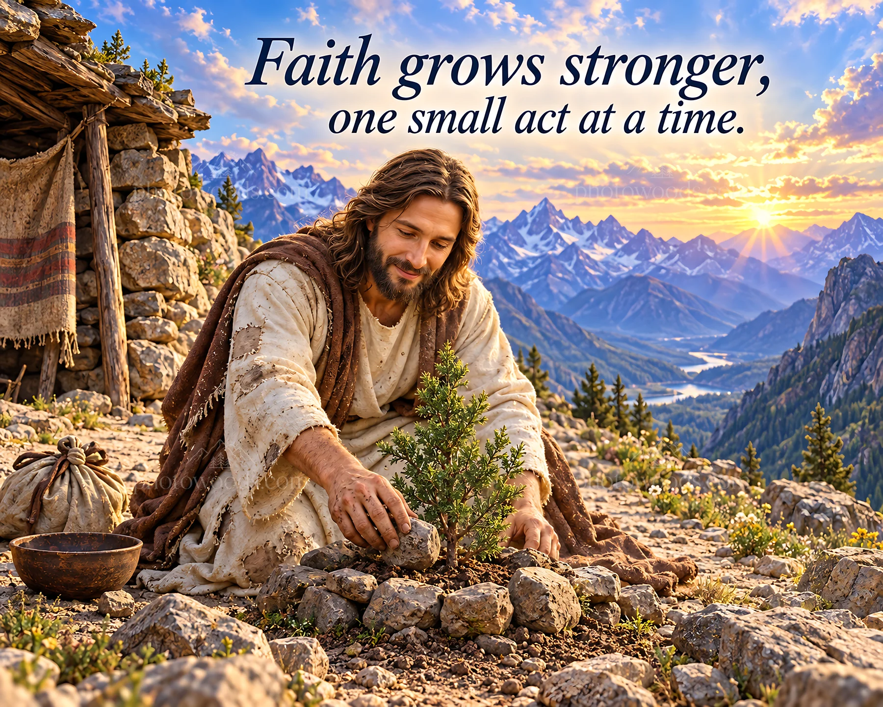 Jesus Christ nurturing growth in nature - AI-generated stock image