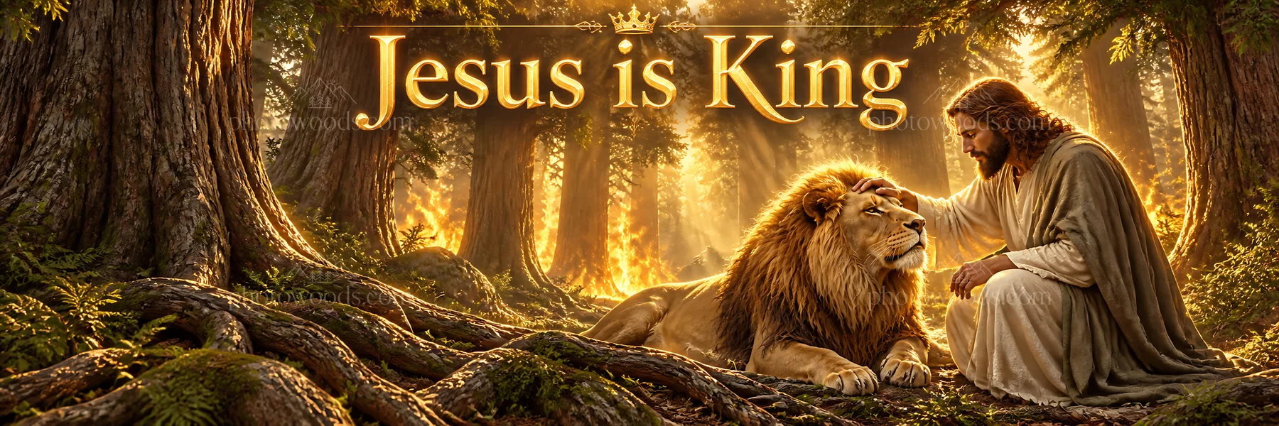 Jesus Christ comforts a lion in a forest setting - AI-generated stock image