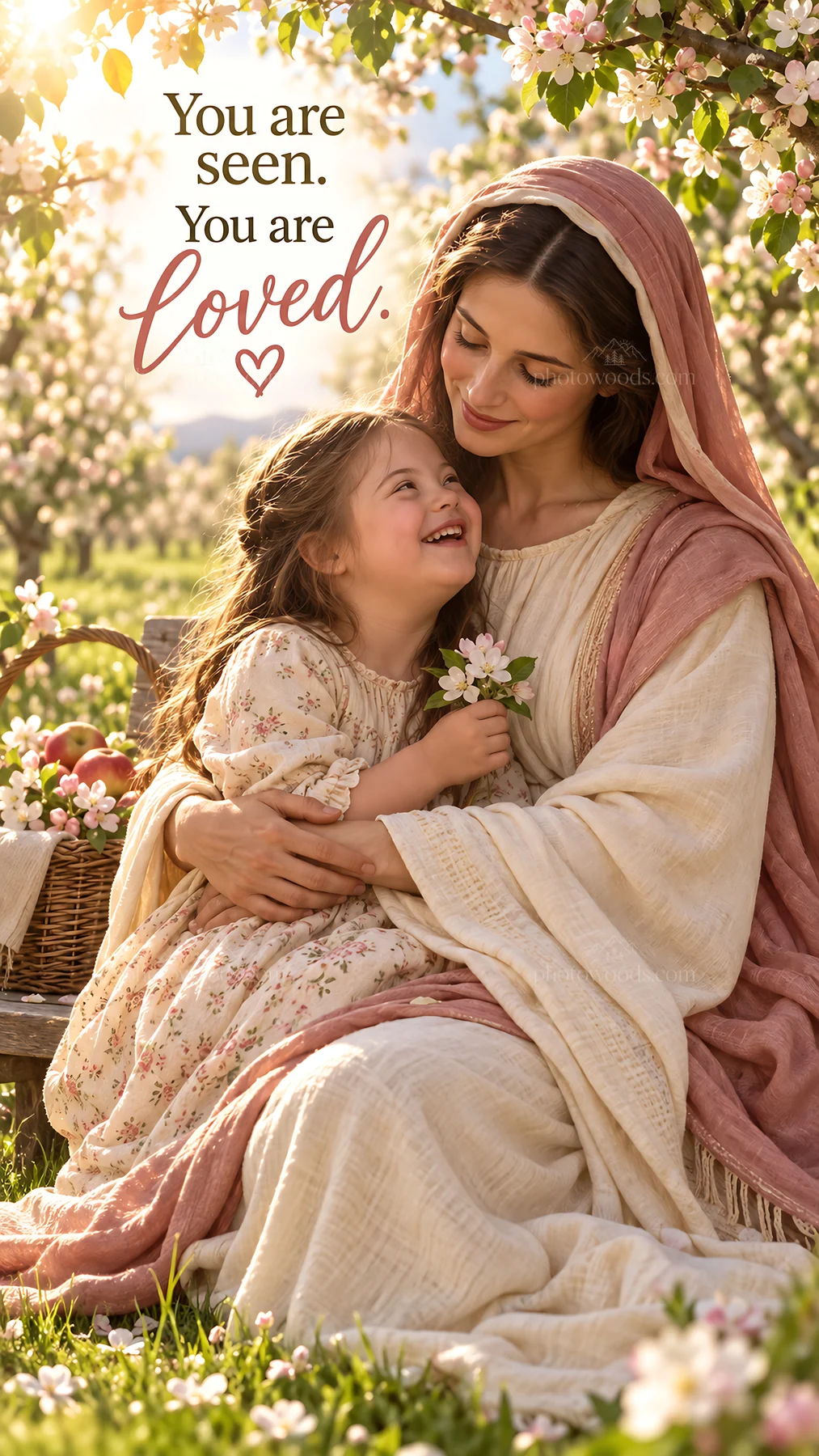 Jesus Christ comforted by a loving mother and child - AI-generated stock image