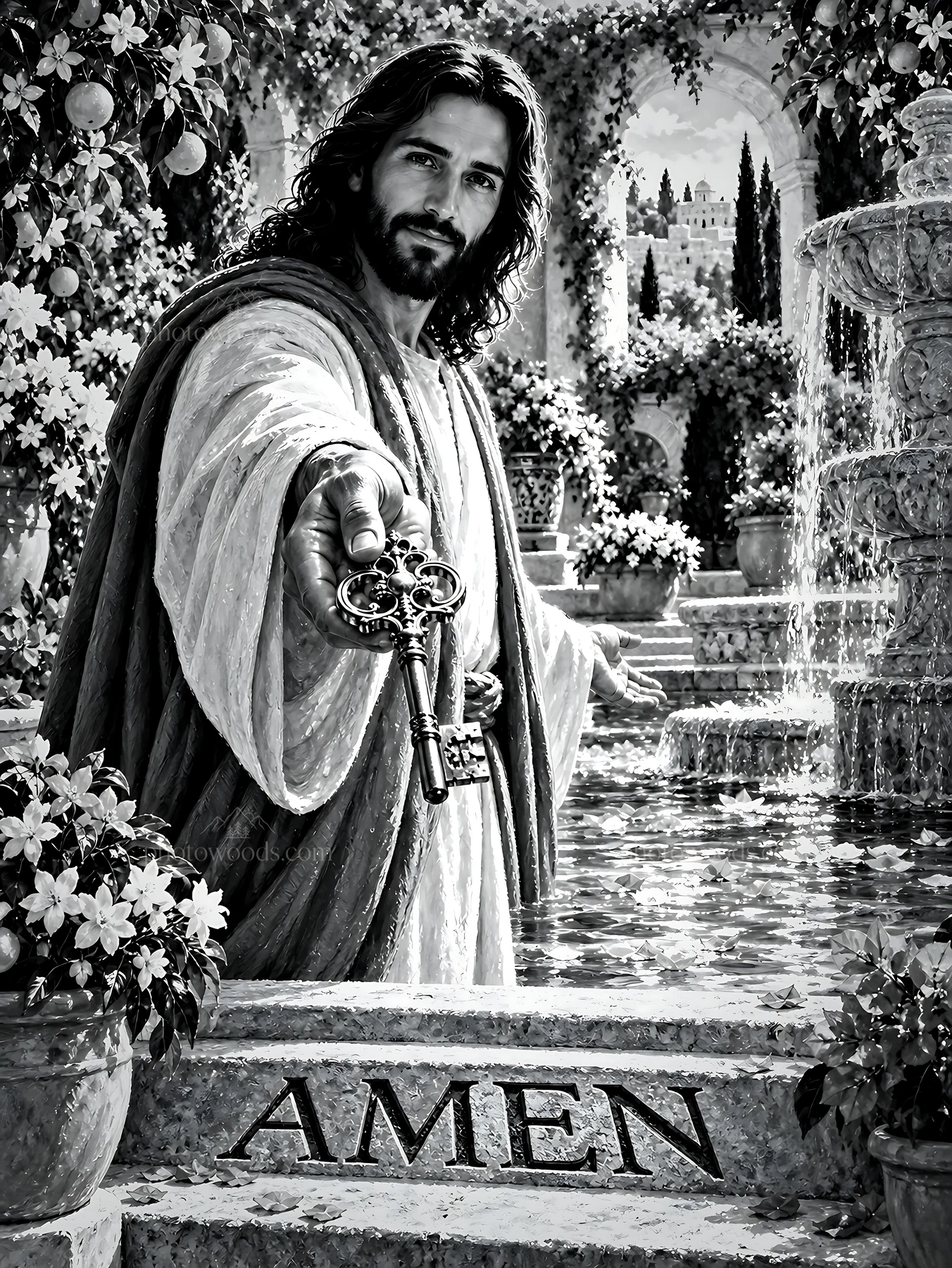 Blossom Courtyard with keys held by a man - AI-generated stock image