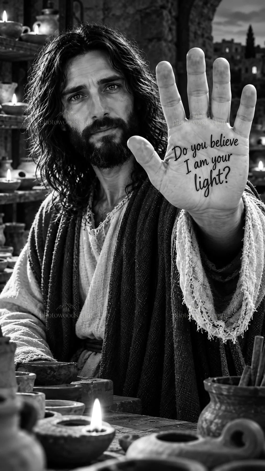Jesus Christ reaches out with a message of light and faith - AI-generated stock image