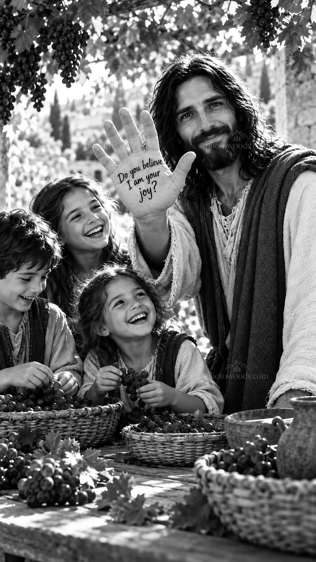 Jesus Christ sharing joy with children while picking grapes - AI-generated stock image