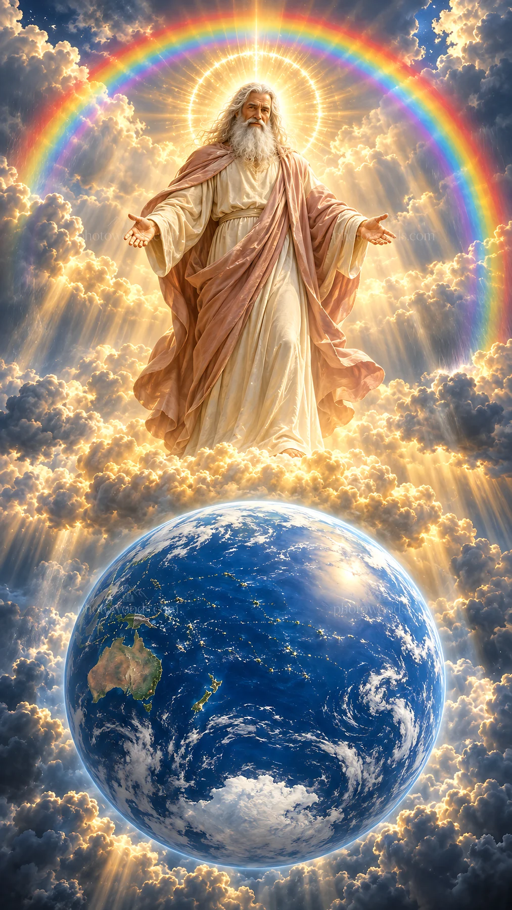 Jesus Christ in the clouds with open arms welcoming the world - AI-generated stock image