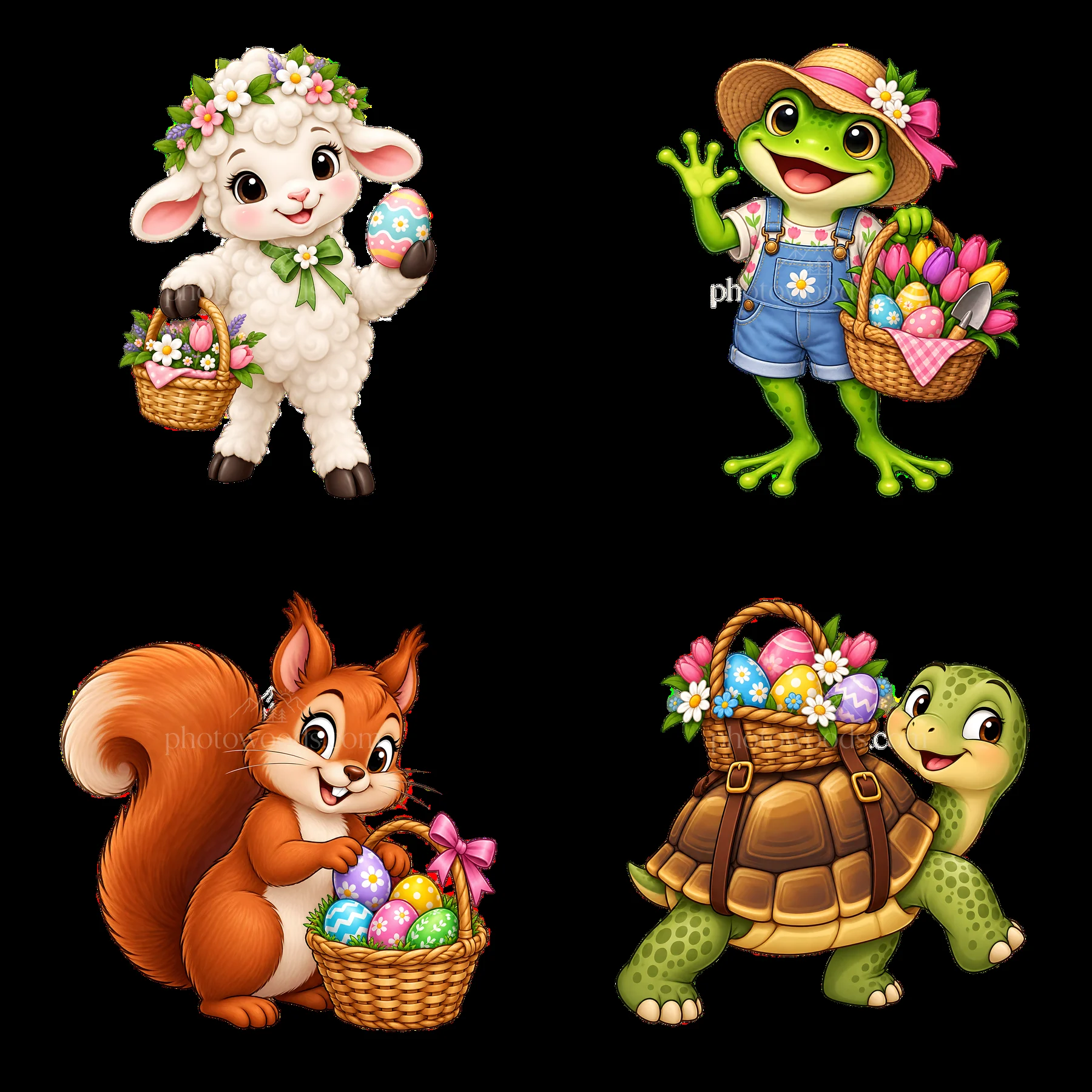 Easter animals with baskets collecting colorful eggs - AI-generated stock image
